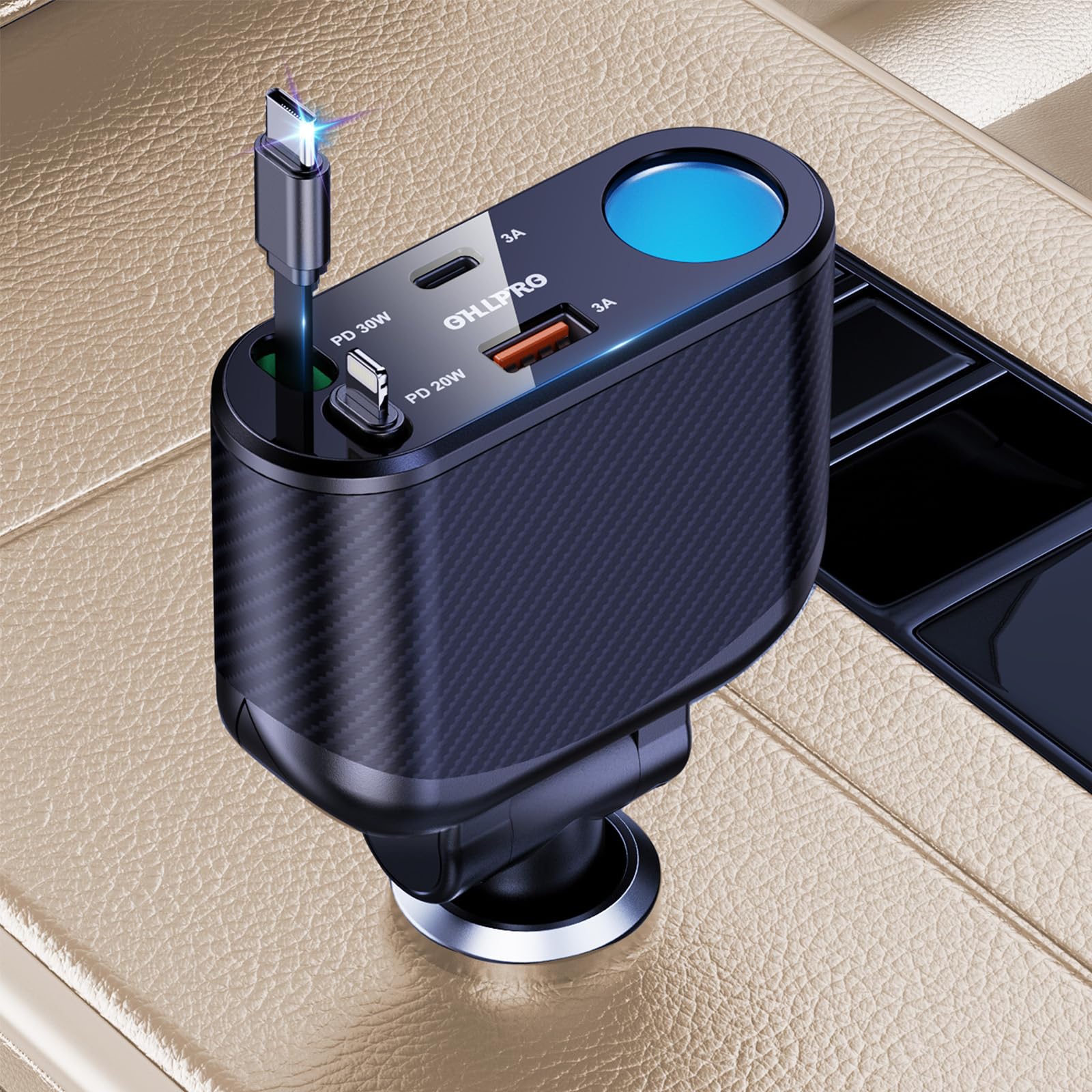 Cargador retráctil para coche, adaptador de encendedor de cigarrillos, 168 W, 5 en 1, carga rápida de teléfono, fusible reemplazable integrado, divisor de enchufe con cable USB C y USB i, apto para