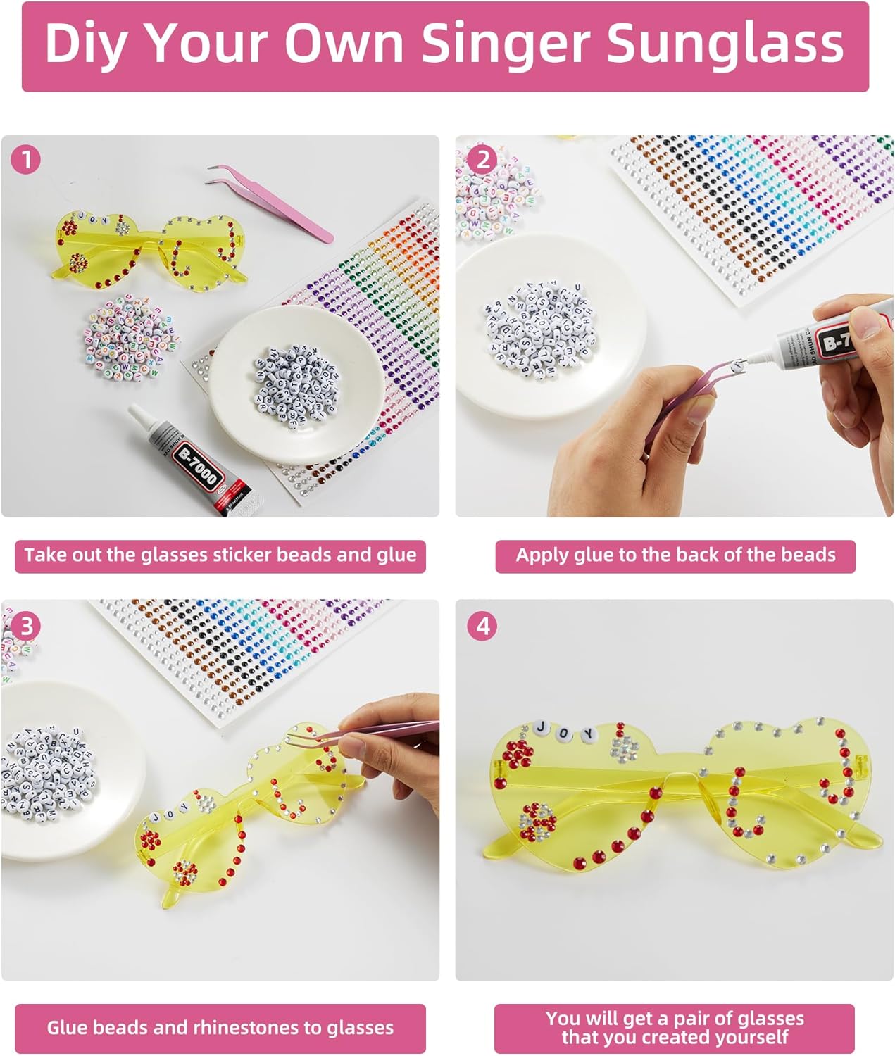 24 Pairs DIY Sunglasses in My Era Popular Singer Party Favors Personalized glasses with 1800 crystals 400 Letter Beads 100 flower and Glues Friendship Sunglasses for 1989 Girls Women, 24 colors