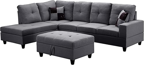 Miniatura 4 de GINGVAT Fabric Sectional Sofa Living Room Furniture Set, L-Shape Couch with Left Chaise, Storage Ottoman, and 2 Pillows,Gray