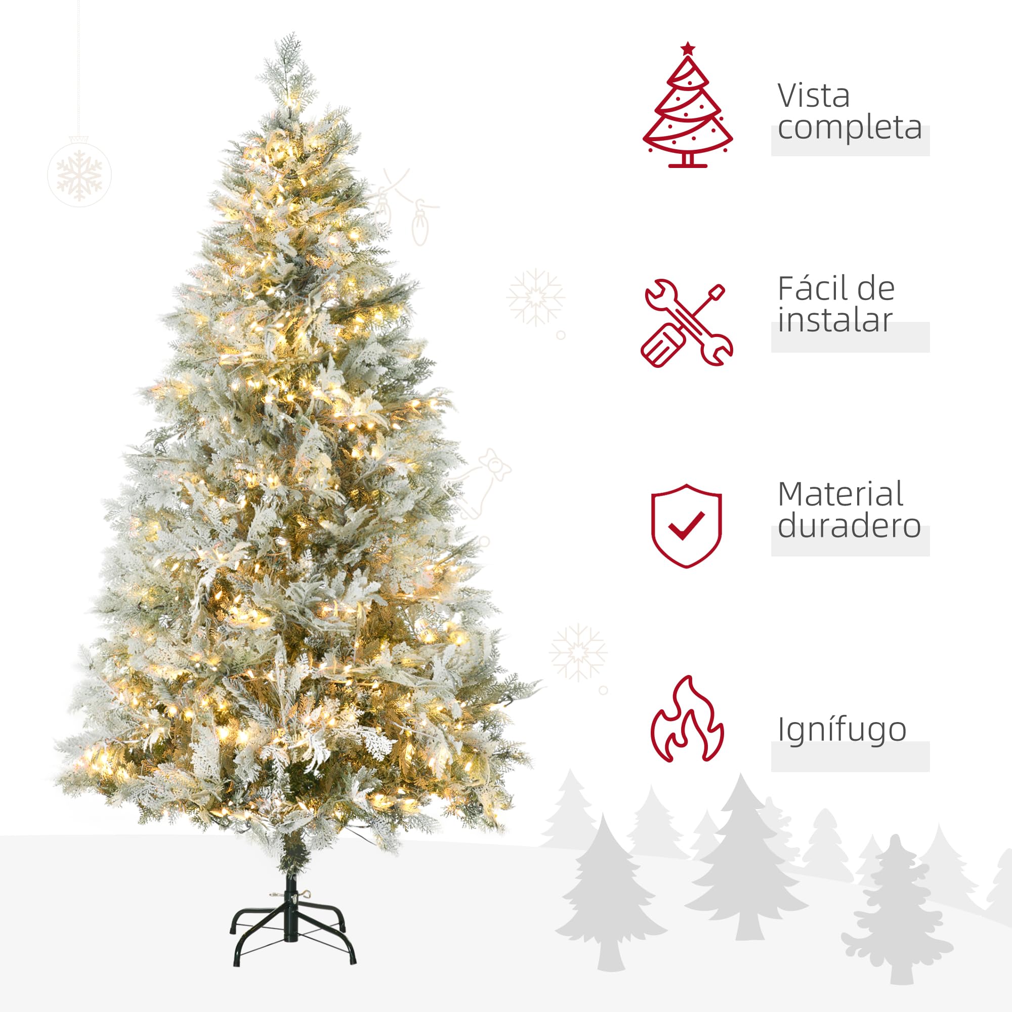 HOMCOM Árbol de Navidad Artificial 180 cm, 300 Luces LED Blancas Cálidas | Árbol de Navidad Nevado, 577 Ramas, Forma de Ciprés, Base Plegable, Decoración Navideña