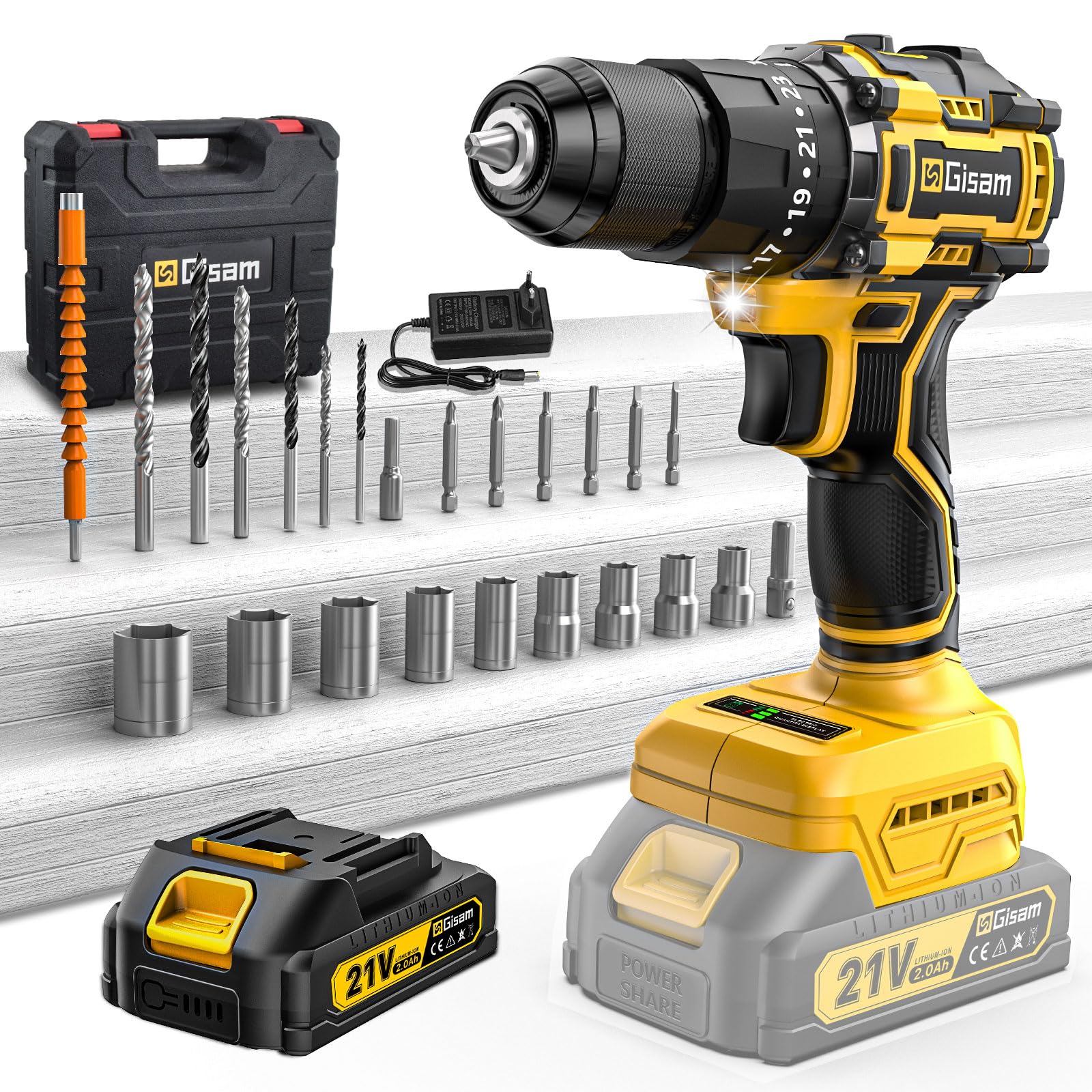 Trapano Avvitatore a Batteria 21 V, set con 1 batterie da 2,0 Ah,Max 55Nm, 23 + 3 Impostazione Coppia, Mandrino da 10 mm, 2 Velocità, luce a LED, 24 Accessori,per Riparazione, Fai da te