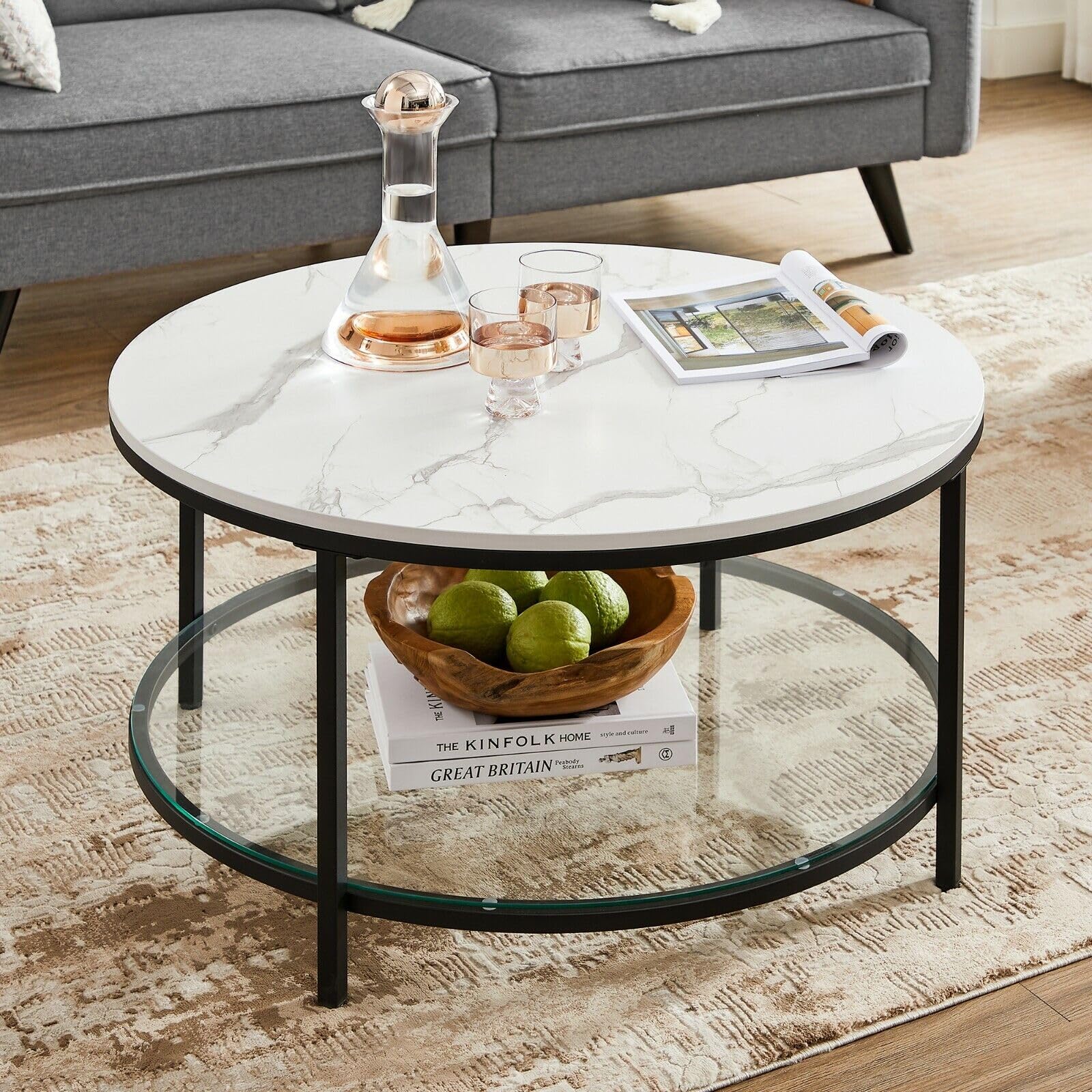 VASAGLE Tavolino da Salotto Rotondo, Tavolino da Caffè Tavolo con Piano Effetto Marmo, Ripiano in Vetro Temperato, Montaggio Facile, Moderno, Soggiorno, Bianco Marmo e Nero Inchiostro LCT071B13
