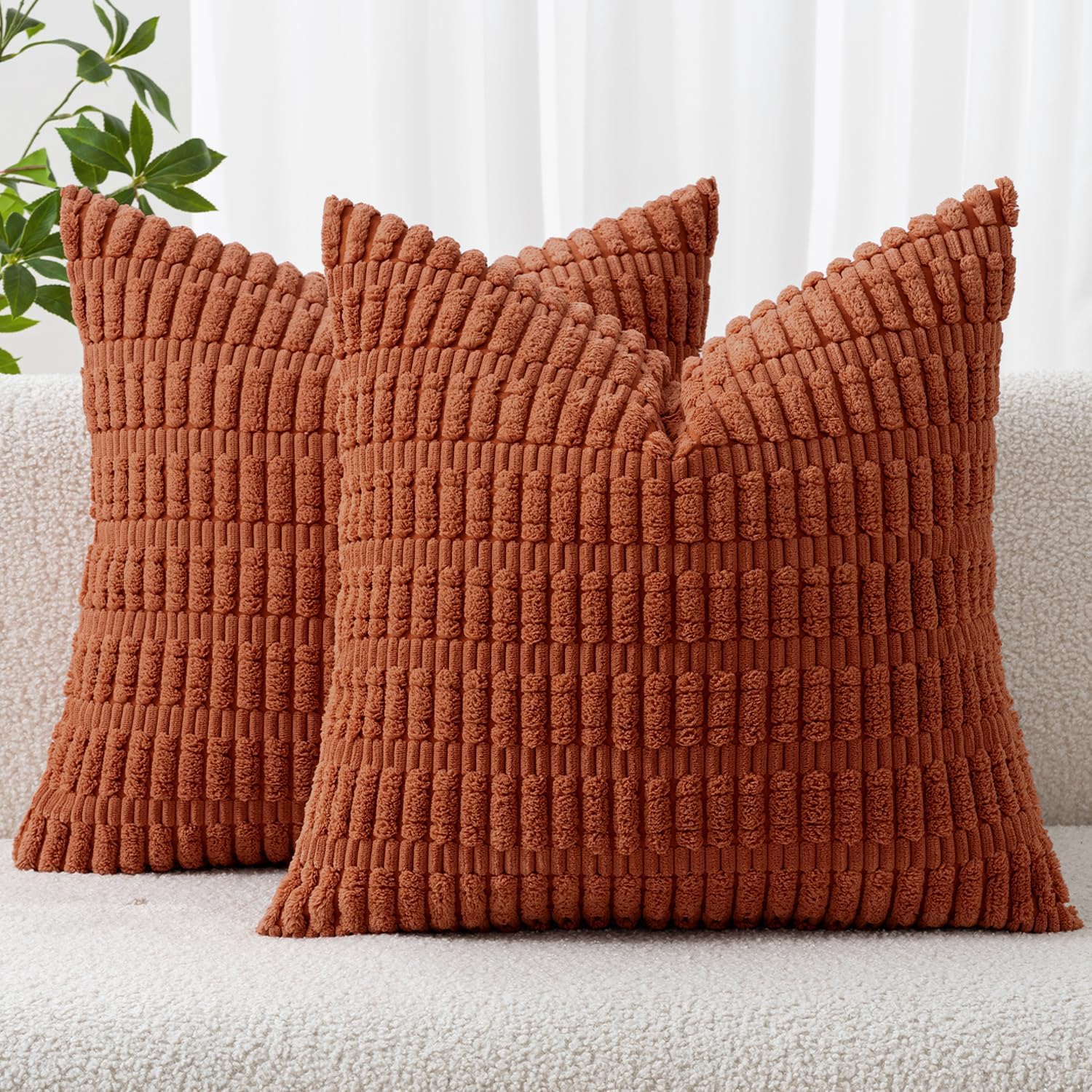 MIULEE Fall Pack of 2 Corduroy Decorative Throw Pillow Covers 18×18 Inch Soft Boho Striped Pillow Covers Modern Farmhouse Home Decor for Sofa Living Room Couch Bed Rust