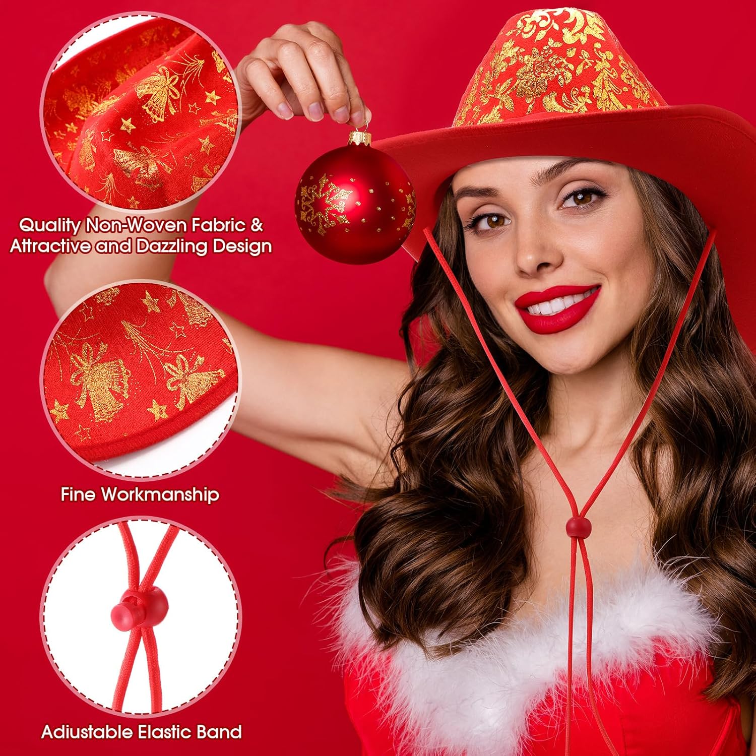 Coume 8 Pieces Christmas Cowboy Hat 4 Novel Styles Red Adult Cowboy Hat Western Hat with Red Ribbon for Christmas Costume Party Supplies - Image 6