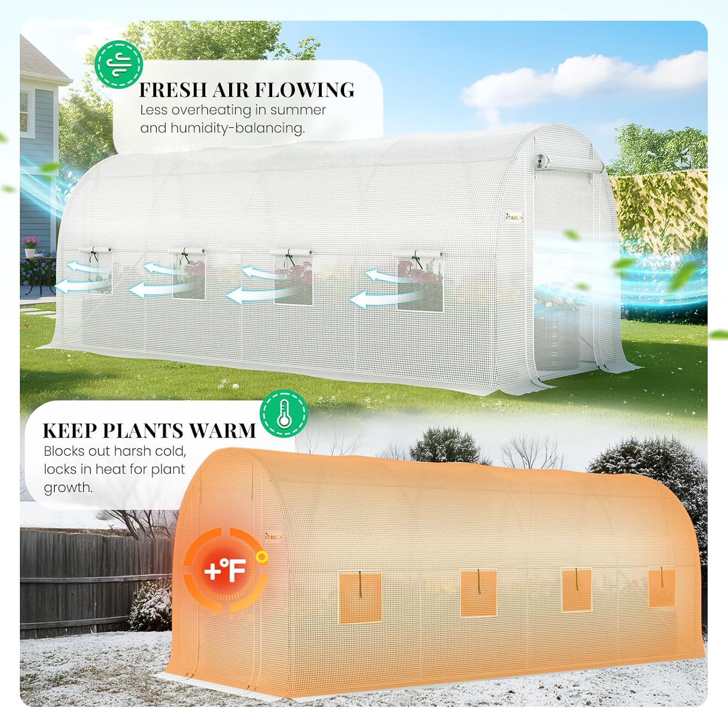 KING BIRD Premium 15x6.6x6.6FT Greenhouse for Outdoors, Large Walk-in Heavy Duty Galvanized Steel Frame, Mesh Door Screen Window Tunnel Hoop Garden Plant Winter Hot House, with Watering Kits, White