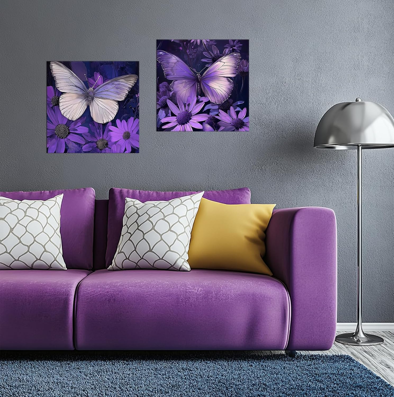 PLIDAAYO Purple Wall Art Set of 2 Butterfly and Purple Flower Canvas Print Natural Plant Insect Painting Poster Picture Modern Romance Artwork for Girl Living Room Bathroom Decor(Flo-02,24"x24"x2)