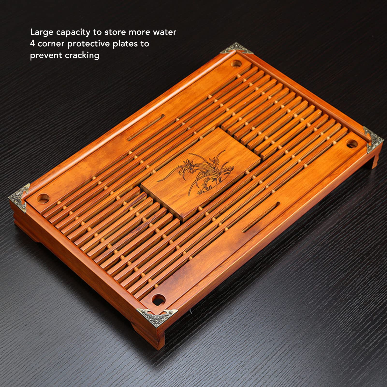 Plateau à thé en Bois Plateau à thé en Bambou Plateaux de Service de Thés de Style Chinois avec Motif D'orchidée Drainage de Stockage D'eau Haute capacité pour le Bureau à (YELLOW)