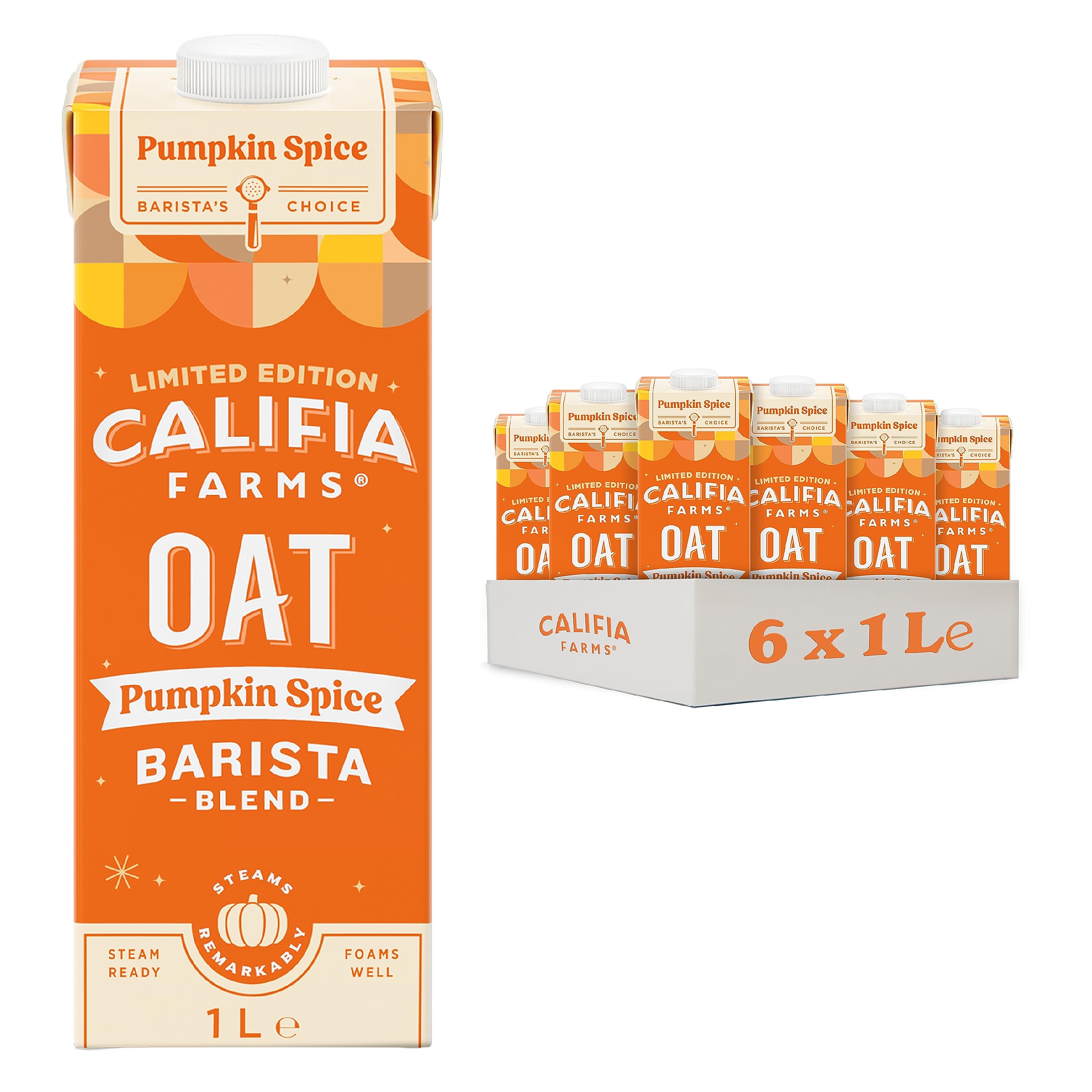 Califia Farms Pumpkin Spice Barista Blend Oat Drink - Real Pumpkin Puree With Warming Nutmeg, Ginger & Cinnamon - Dairy Free, Lactose Free & Vegan (6 x 1L)Califia Farms Pumpkin Spice Barista Blend Oat Drink -…