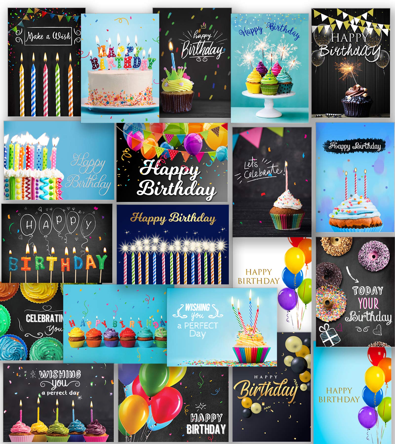 Happy Birthday Cards with Envelopes and Stickers – 20 Unique Designs Greeting Notes, 4x6 Inches when Folded, Thick Cardstock, Matte Finished in a