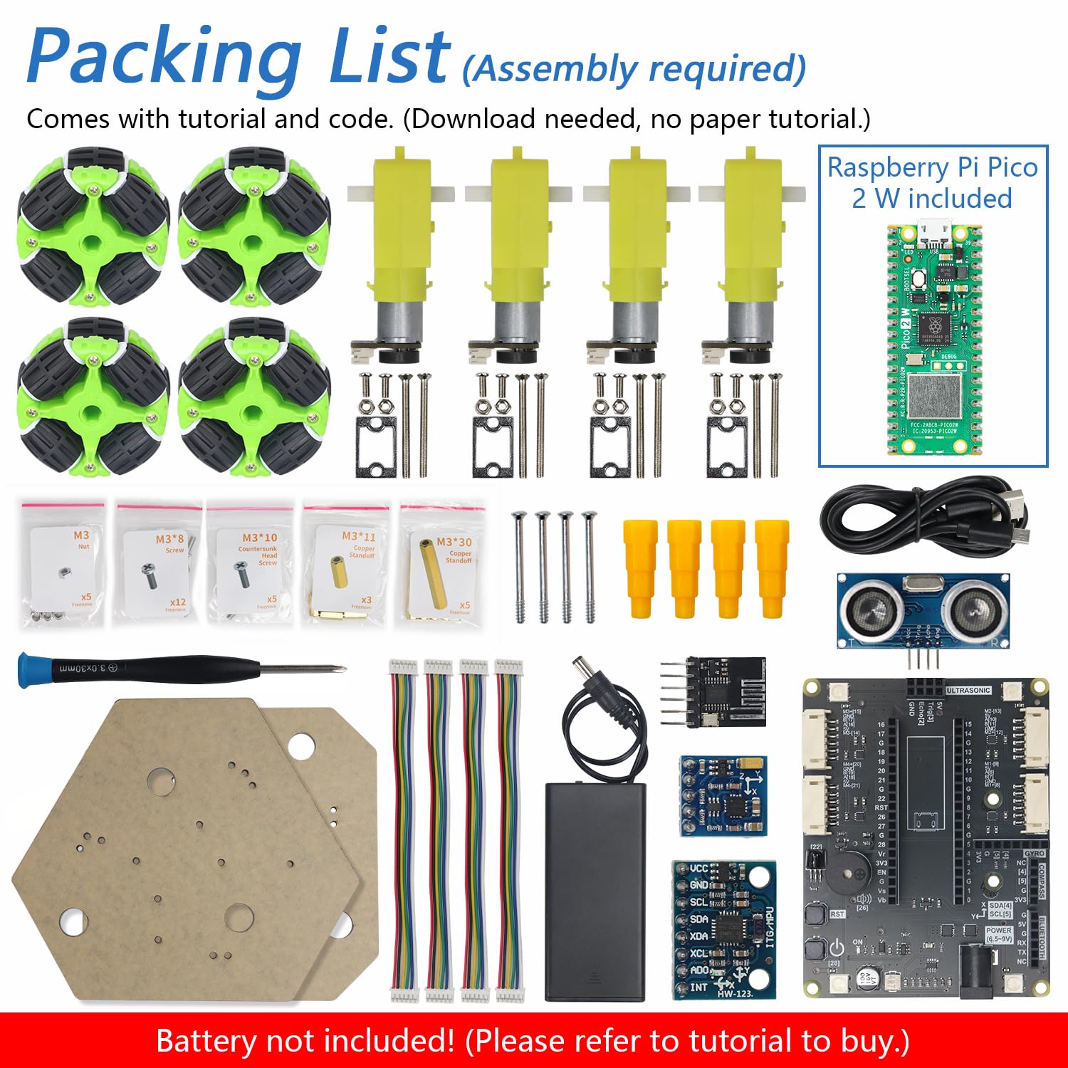 FREENOVE Omni Wheel Car Kit for Raspberry Pi Pico 2 W (Included), Dual Arm Cortex-M33 and Dual Hazard3 RISC-V Microcontroller, 3-Wheel and 4-Wheel Forms, Accelerometer Module, Compass Module