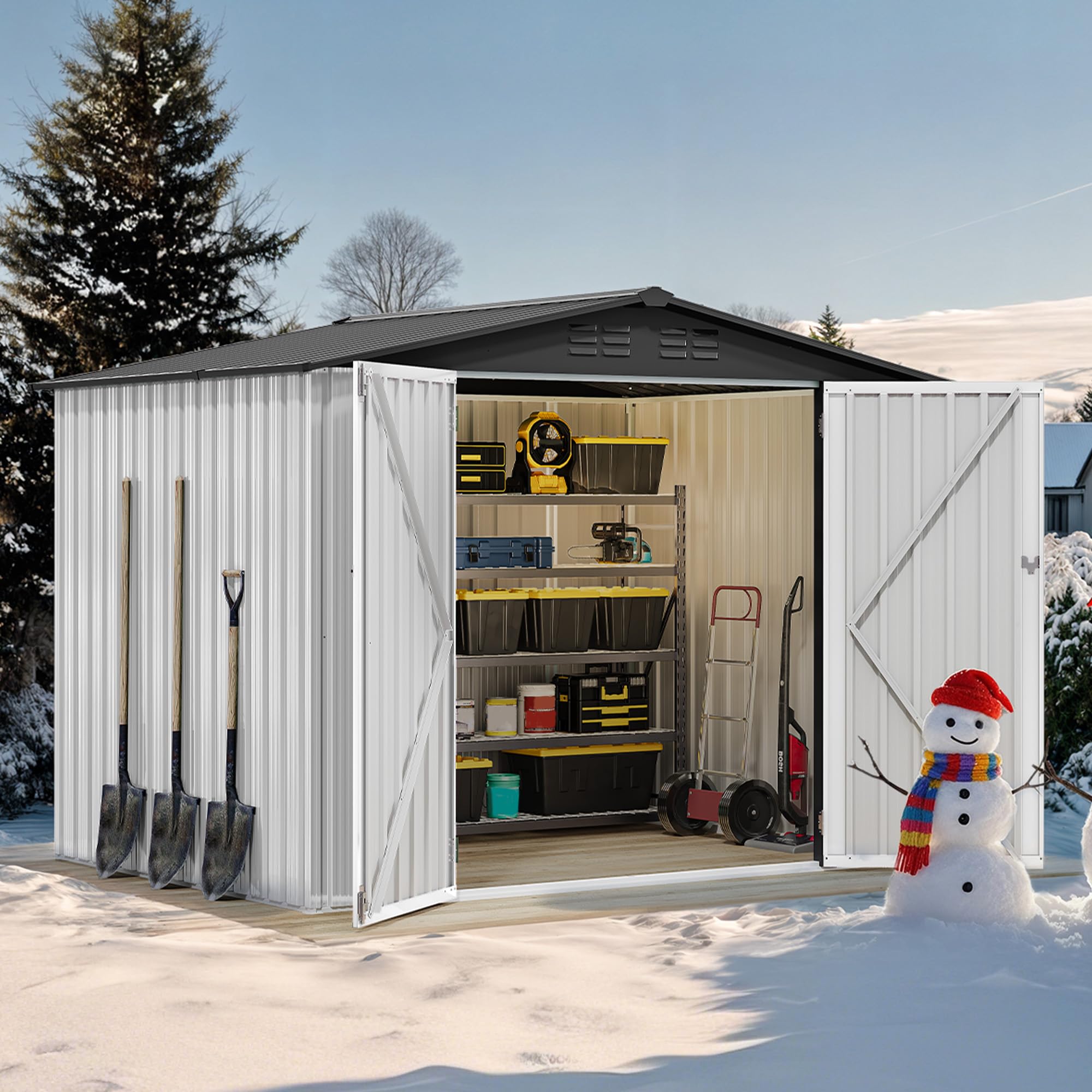 DWVO 8x6FT Outdoor Storage Shelter, Roomy Steel Tool Shed with Secure Entrances &amp; Air Circulation for Patio, Lawn, and Backyard, Ideal for Storing Garden Gear, Lawn Tools, and Bikes, White