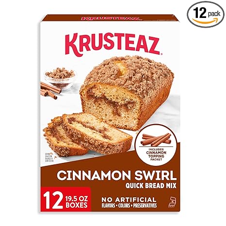 Krusteaz Cinnamon Swirl Quick Bread Mix, Includes Cinnamon Topping, 19.5 oz Boxes (Pack of 12)