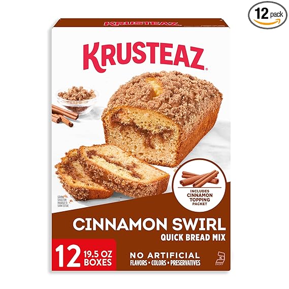 Krusteaz Cinnamon Swirl Quick Bread Mix, Includes Cinnamon Topping, 19.5 oz Boxes (Pack of 12)