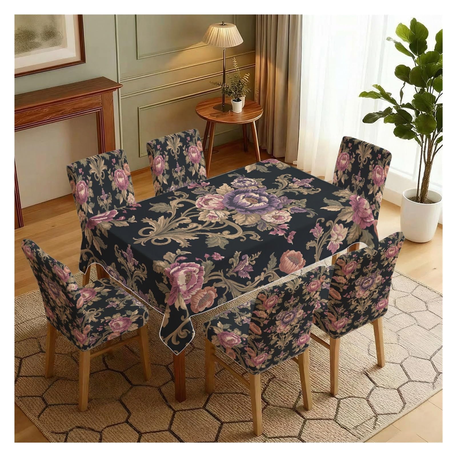 BOSUYBN Dark Floral Damask Dining Chair Covers & Tablecloth Set, 5/7 Piece Black Gold Pattern Slipcovers For Luxurious Dining Decor Table Setting(7pcs Set: Tablecloth+Chair Covers)