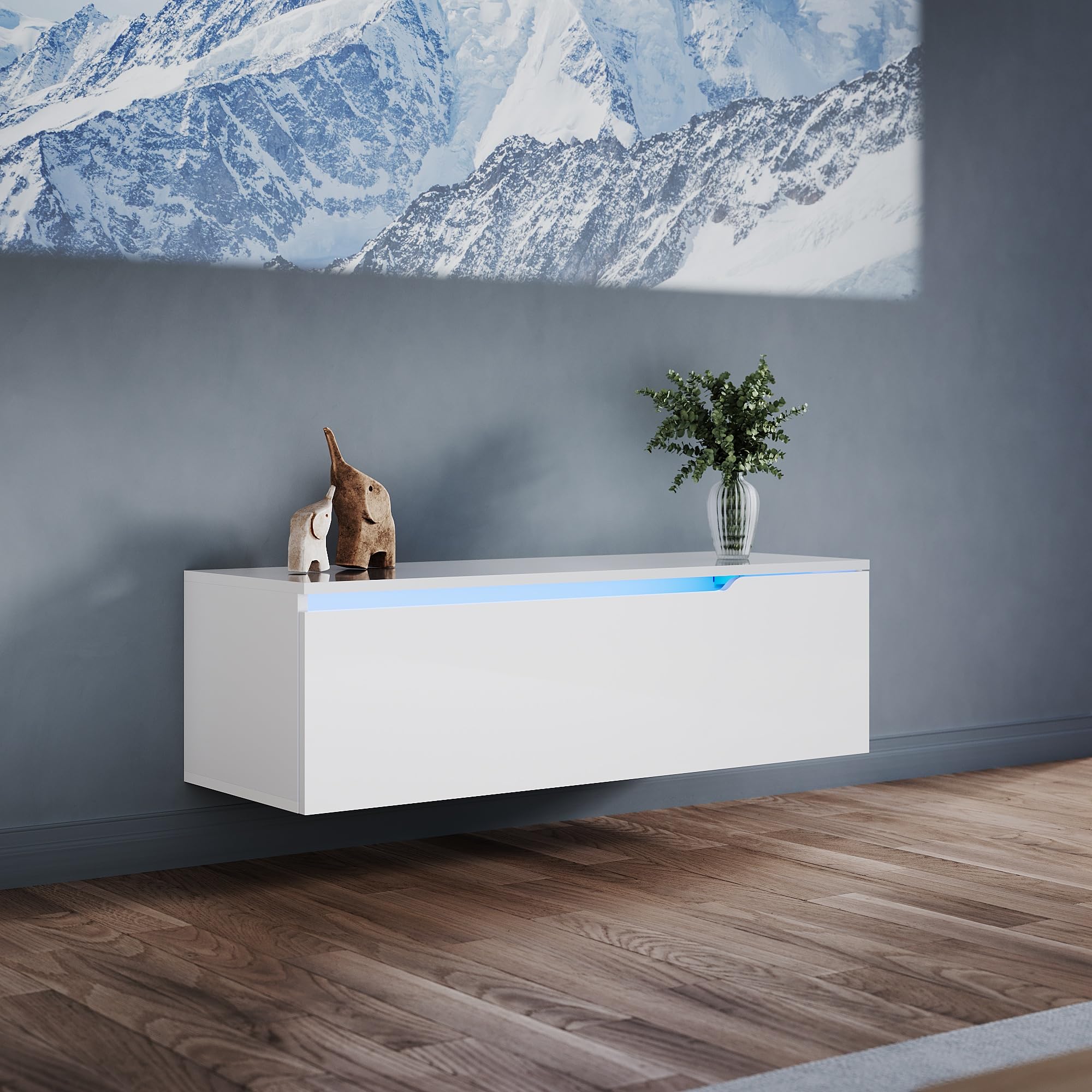 ELEGANT Floating TV Stand Cabinet Unit with 16 RGB LED Lighted, High Gloss TV Stand with Pull-Down Door, Modern White Wall Mounted TV Cabinet with Storage Shelves for Living Room, 1000x350x300mm