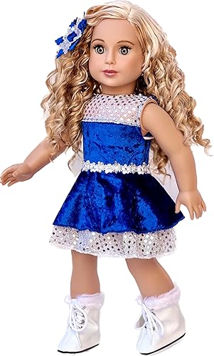 Miniatura 7 de Ice Dancer - Traje de patinaje sobre hielo para muñeca de 18 pulgadas, leotardo azul con falda doble azul y plateada con volantes, flor decorativa y