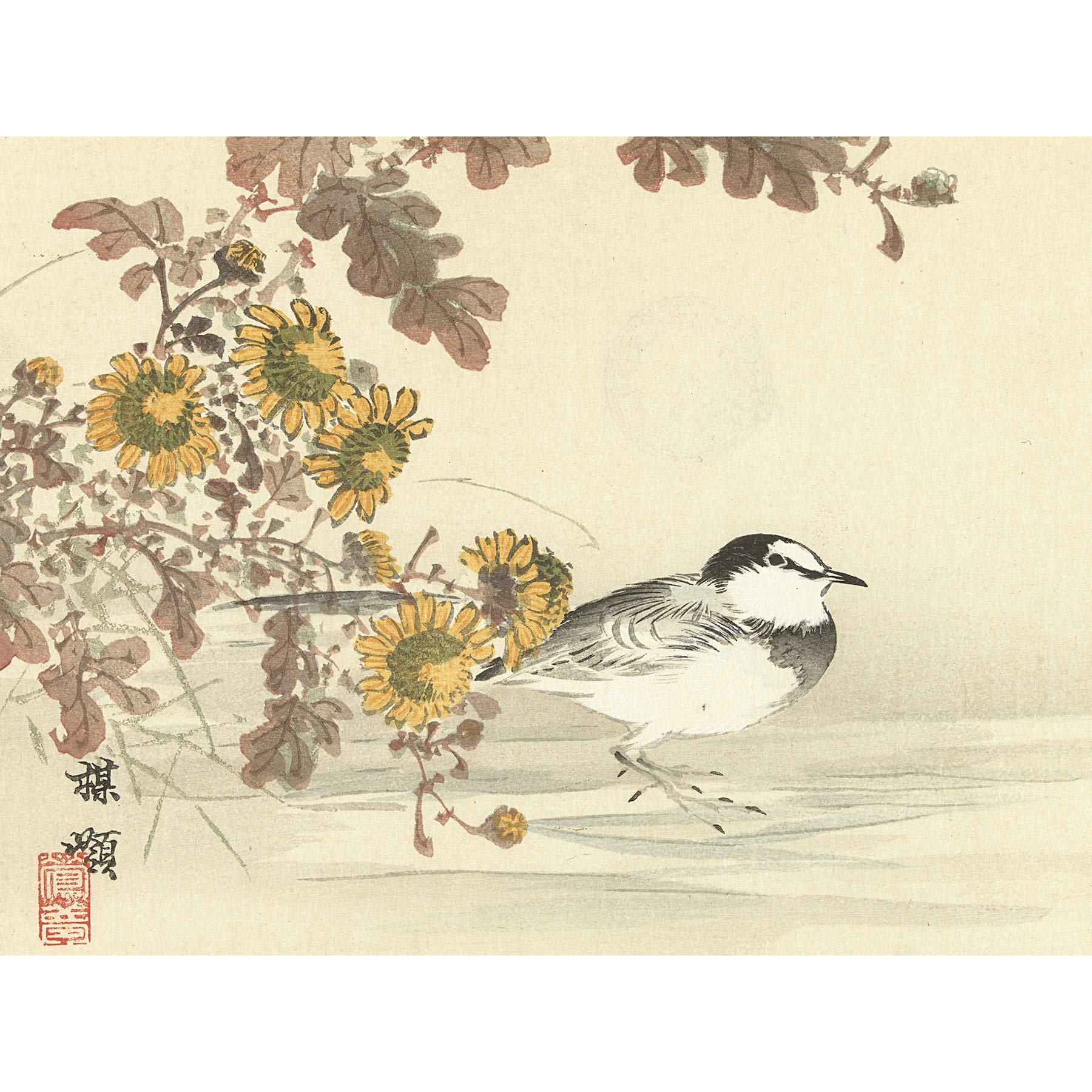 Artery8 Kono Bairei Wagtail Bird Flowers Japanese Woodblock Premium Wall Art Canvas Print 18X24 Inch