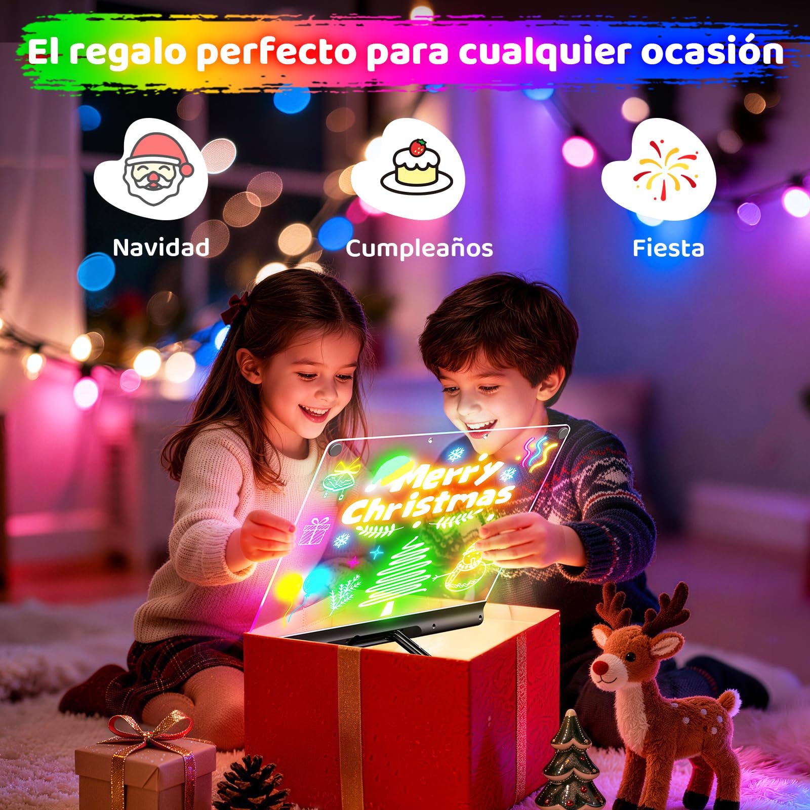 Pizarra LED recargable 41 cm, 9 modos de luz con temporizador y soporte integrado, tablero acrílico neón borrable en seco, regalo niños/adolescentes, 6 rotuladores y libro de calco, negro