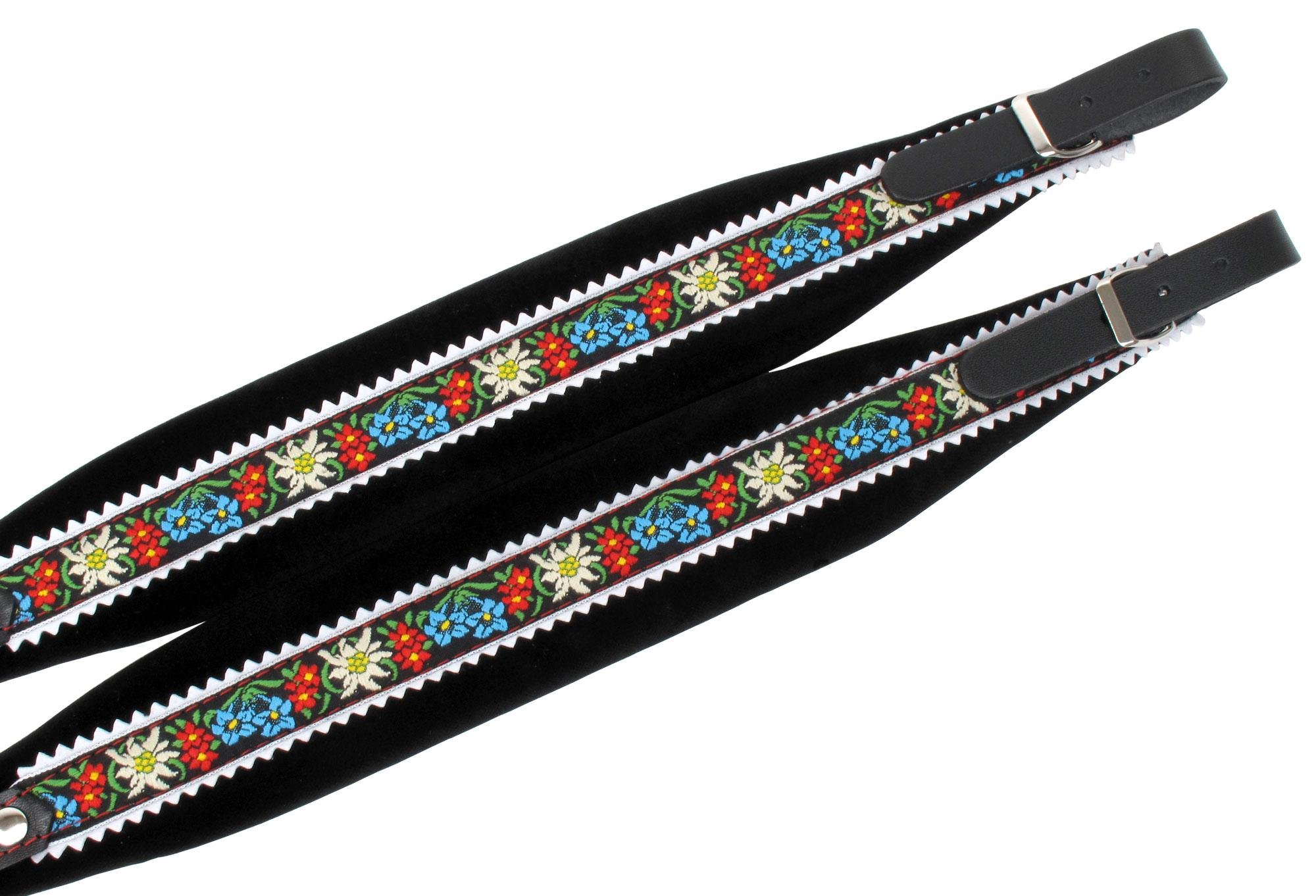 Alpenklang Harmonikariemen für 3-reihige Harmonikas edelweiß/schwarz (Längenverstellbar 90-98cm, Riemenbreite 7cm, Polsterung, edle Stickerei)