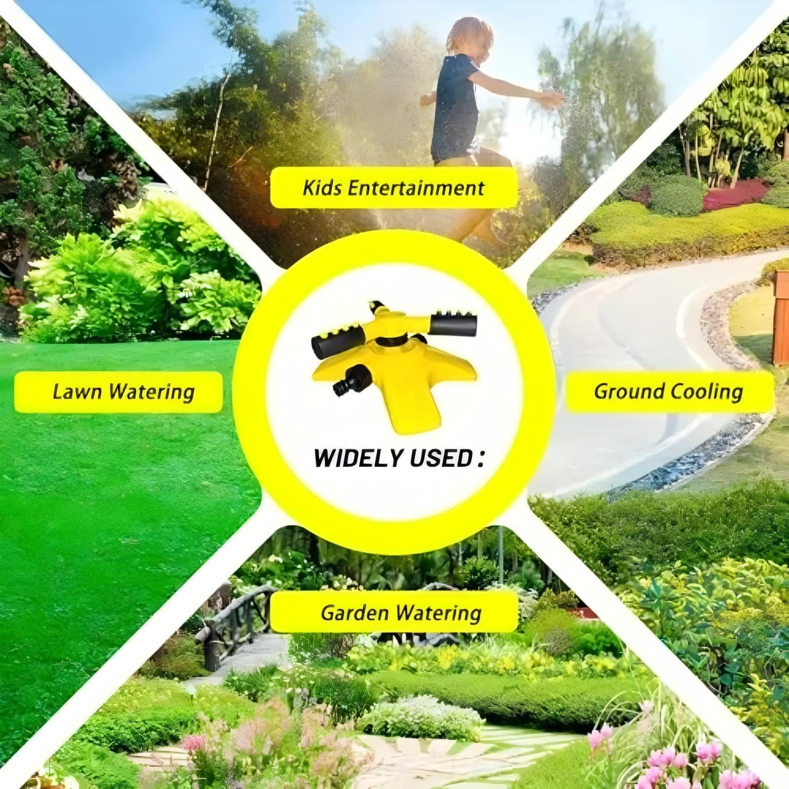 Irrigatore da giardino rotante automatico a 360° per prati, irrigatore da giardino oscillante a 3 bracci con attacco per tubo, sistema di irrigazione automatico per erba (giallo, set da 1,3 cm (15 m)