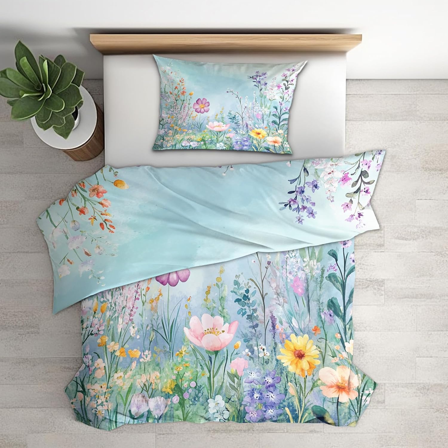 Wildflower Bedding Queen Size Duvet Cover Set 3 Piece, Watercolor Flower Bedroom Decor, Spring Garden Floral Duvet Cover & 2 Pillow Shams, with Zipper & Ties, Super Soft Microfiber
