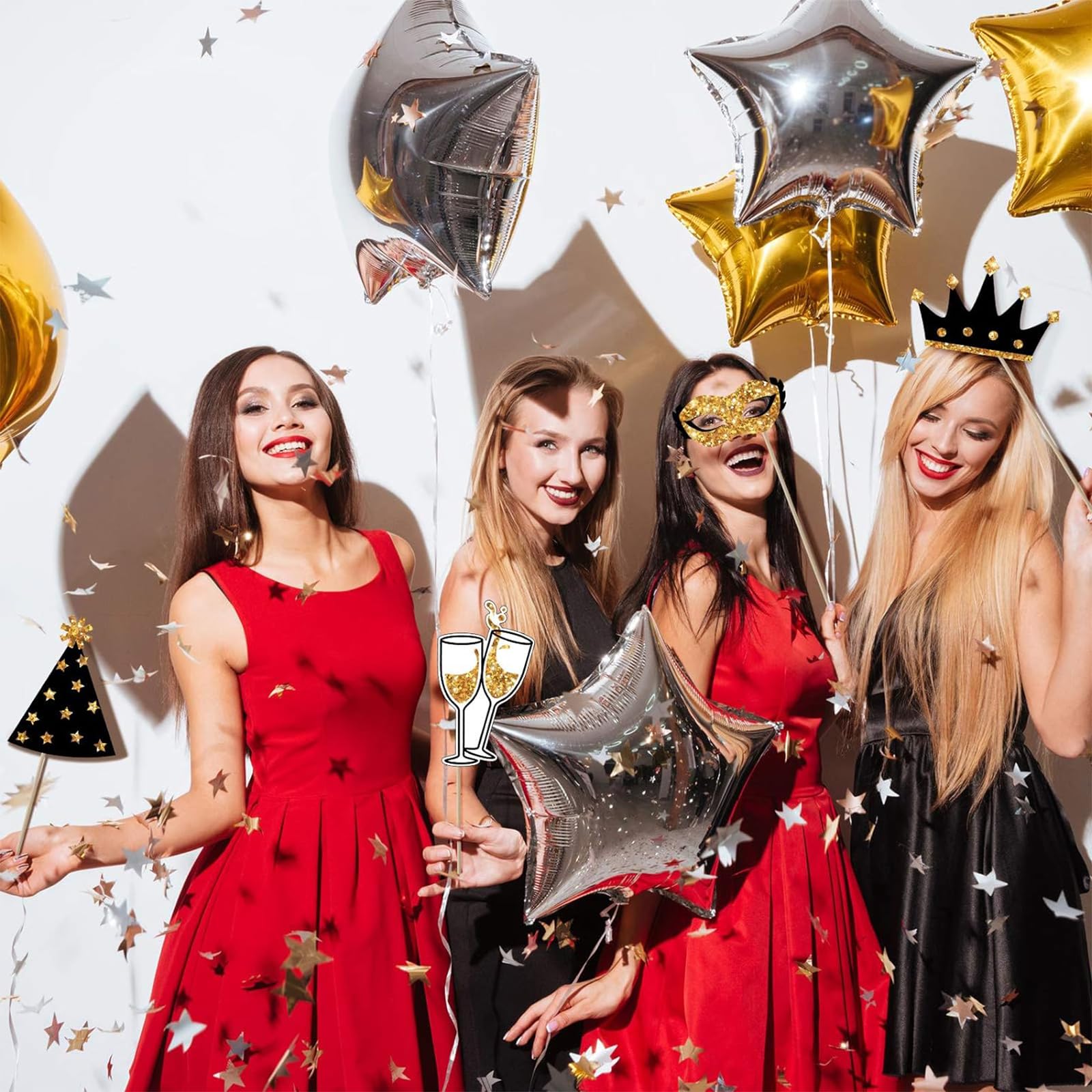 Kit 29 Accessori Photo Booth Compleanno - Tema Oro, Per Feste E Divertimento