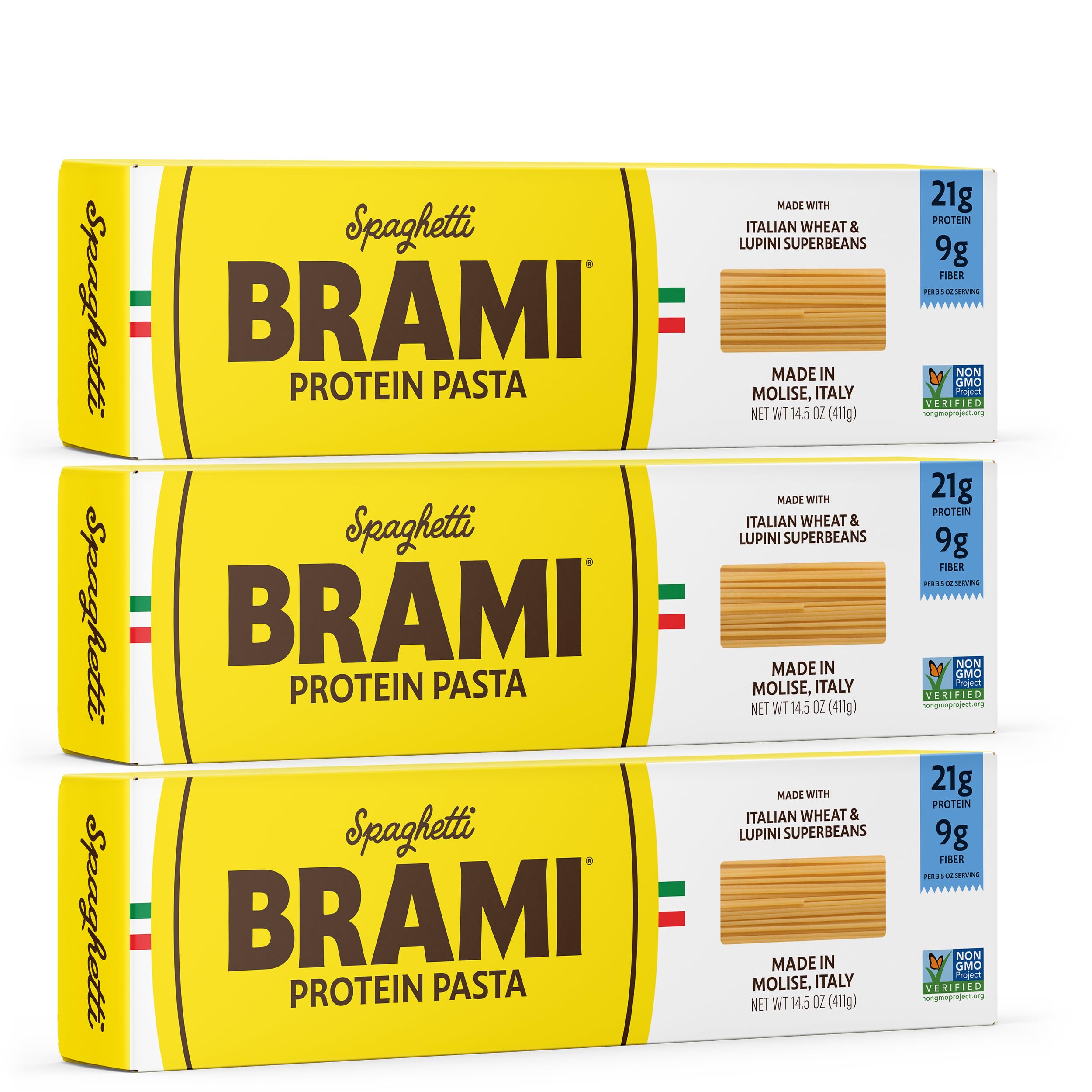 Brami Italian Protein Pasta, Spaghetti | Low Carb | High Fiber | High Protein | Non-GMO | Keto | Made in Italy | Dry Pasta | Semolina | Fortified with Heart Healthy Lupini Beans | 14.5oz (Pack of 3)