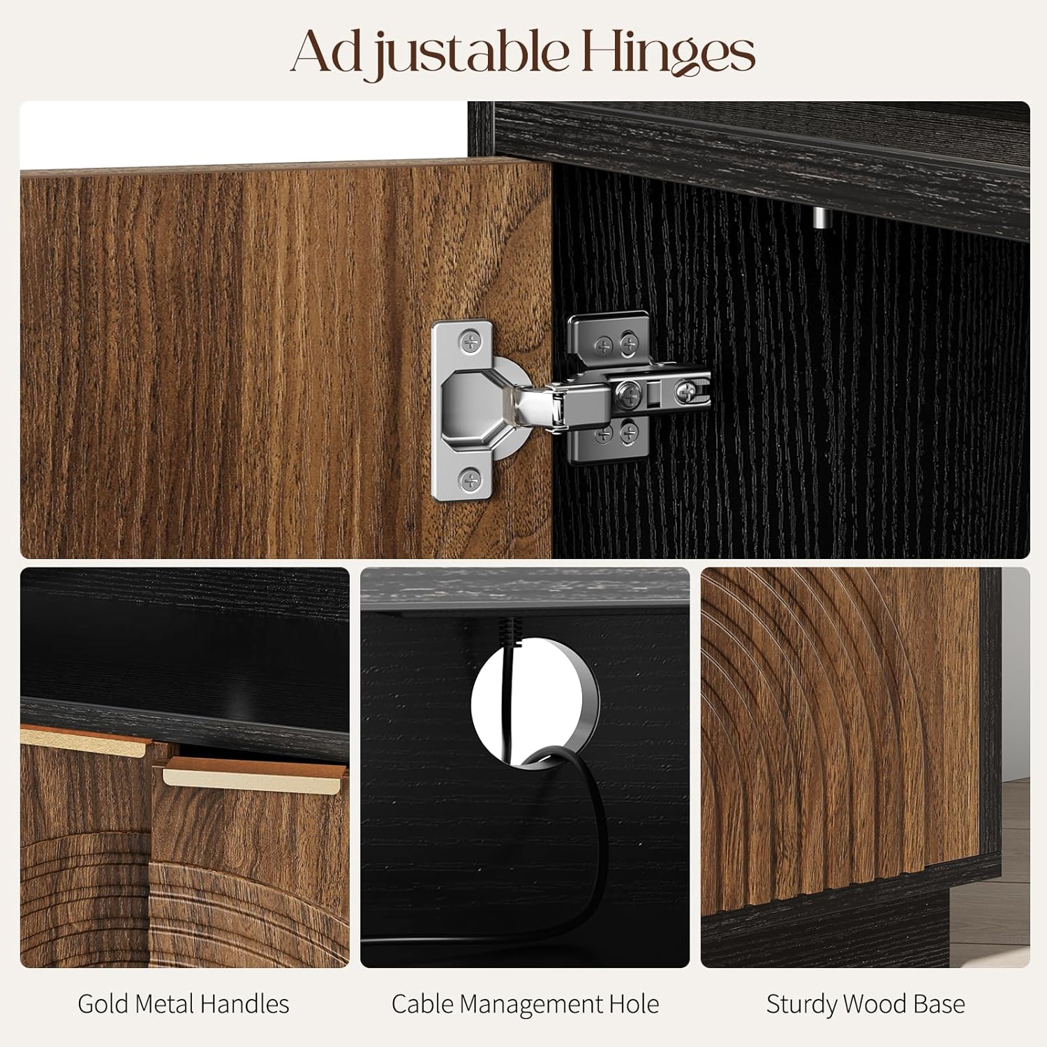 Fluted TV Stand with Power Outlet - 58" TV Stands for Living Room, Mid Century Entertainment Center with Storage Cabinets & Adjustable Shelf, LED Modern Media Console for TVs Up to 70", Black - Image 7