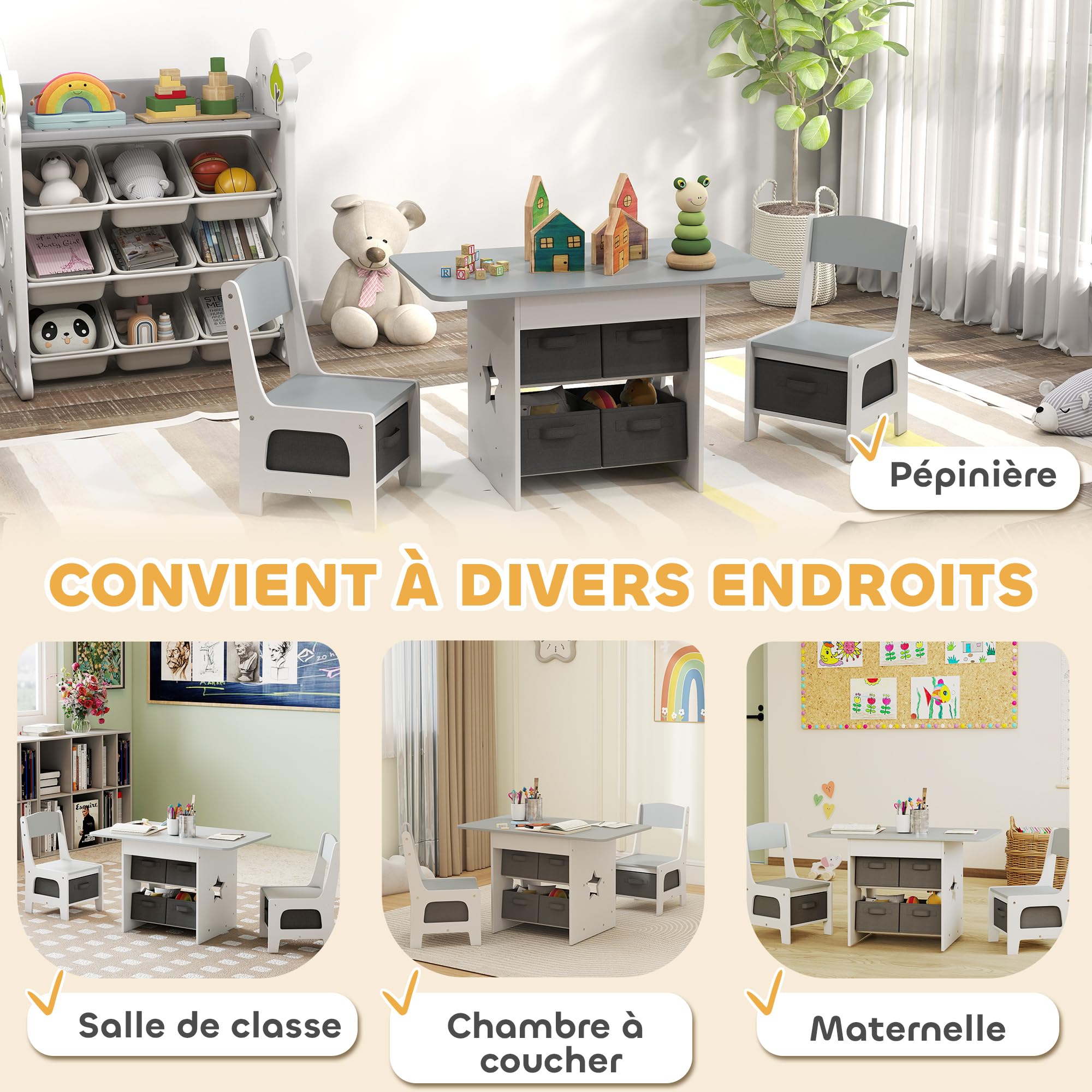 AIYAPLAY Table Enfant avec Chaise, Ensemble Table et 2 chaises Enfant pour Dessiner, Jouer, étudier avec 6 tiroirs Amovibles, pour Fille garçon 3-8 Ans, Gris Clair