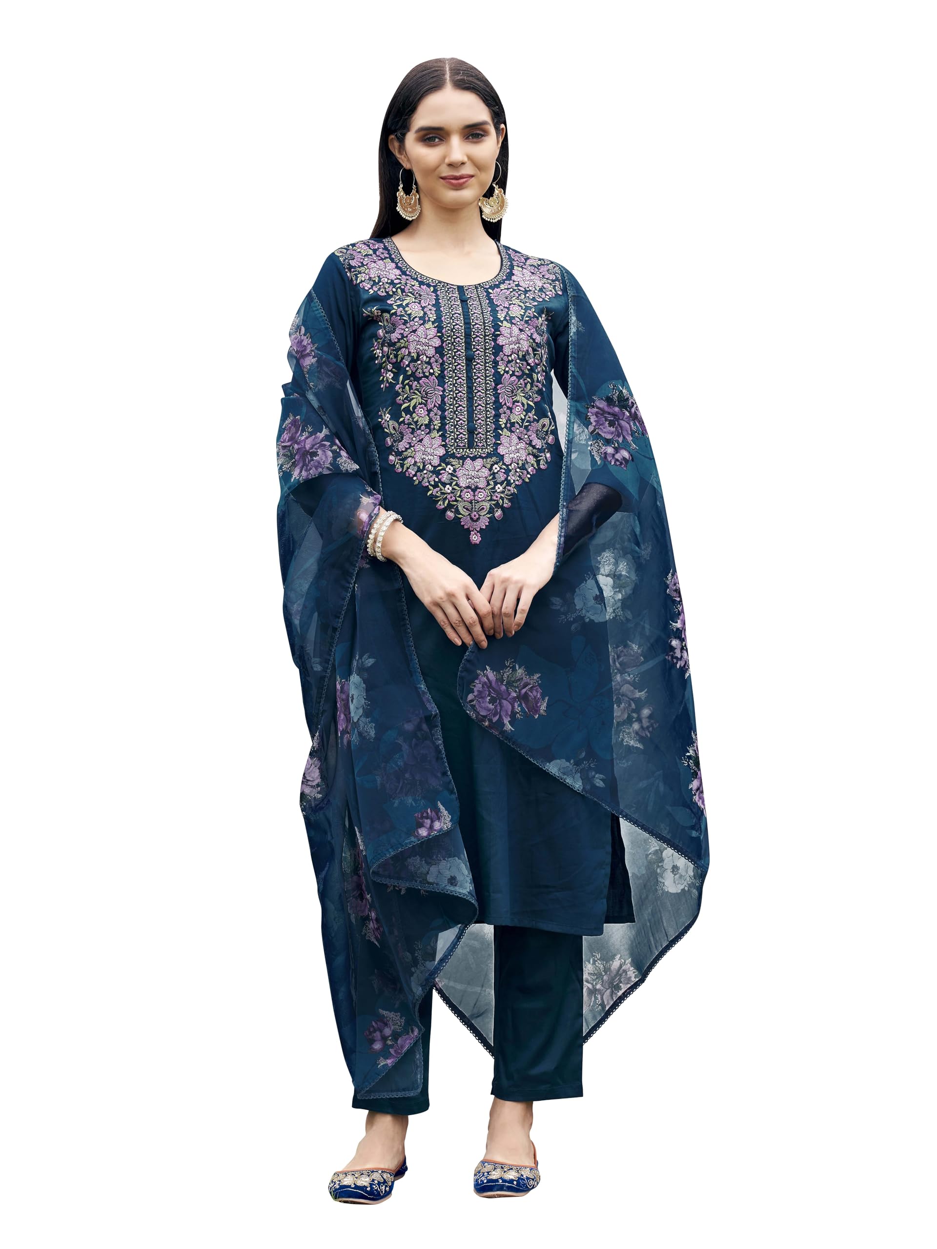 Womanista Women's Teal Blue Color Cotton Blend Multi Embroidered Kurta Set With Printed Organza Dupatta(Kurtaset_1339_S)