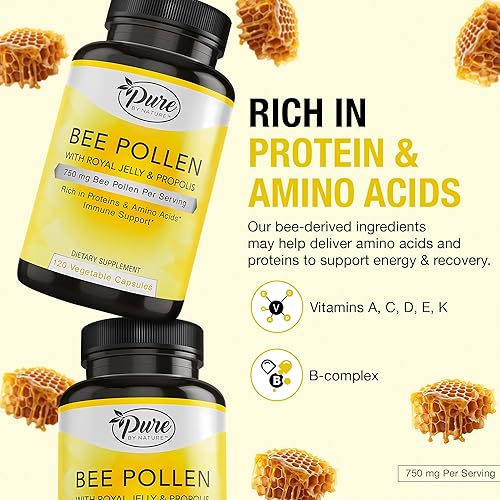 Miniatura 3 de Pure By Nature Suplemento de polen de abeja con propóleo y jalea real para apoyo inmunológico, propiedades antioxidantes, 120 cápsulas vegetarianas