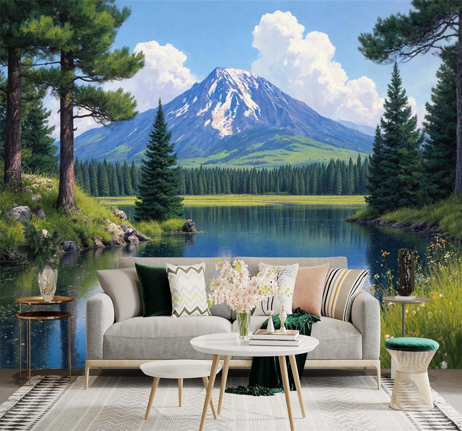 Tzxztt Snow Capped Mountains Lakes Pine Forests Sky Natural Scenery Modern 3D Wallpaper Premium Textured Silk Neutral Tones Material Ideal for Living Room Bedroom-430cm×300cm