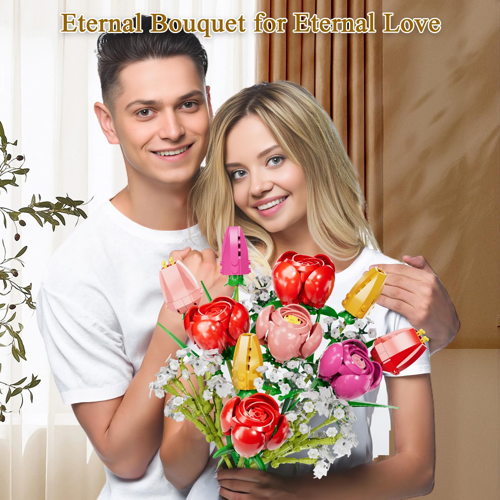 Set de Construcción de Ramos de Flores, Kit de Construcción de Ramo de Flores de Tulipanes Rosas, Colección de Flores Artificiales Botánicas para Adultos, Niños, Regalos de San Valentín