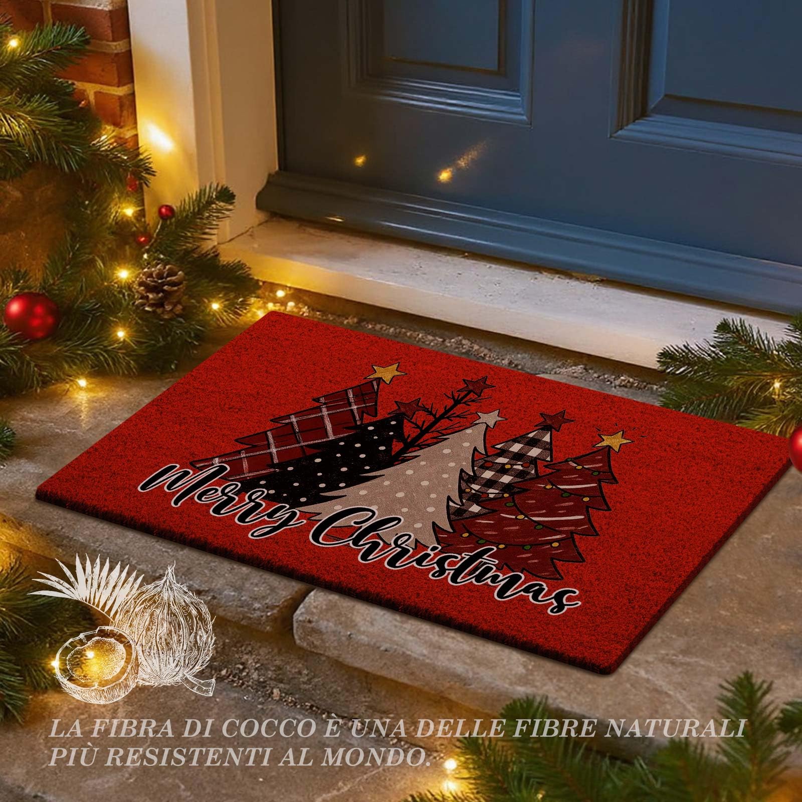 Lanpn 42x75cm Zerbino cocco Natale, Foresta Albero di Natale Antiscivolo Gomma Naturale Tappeto Porta Ingresso Esterno Esterni Tappeto Antiscivolo Zerbino Ingresso per decorazioni natalizie (Rosso)