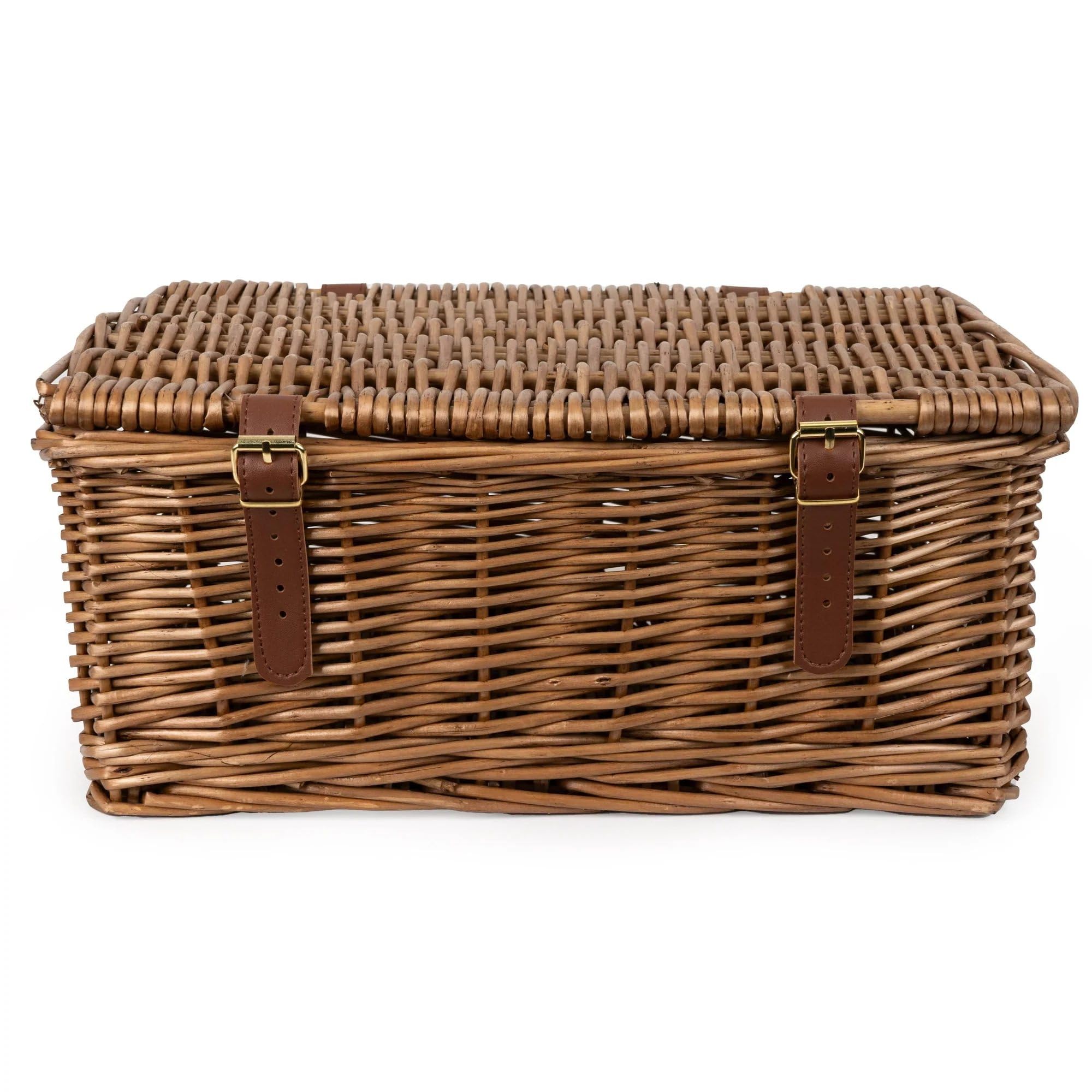Home Deco London Brown Large Wicker Storage Hamper Basket With Lid, Rattan, Leather Strap Closures Hamper (Small - H15xw35xd25cm)