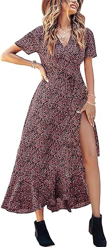 PRETTYGARDEN Women's Summer Maxi Dress Casual Wrap Floral Boho Short Sleeve V Neck Split Ruffle Beach Long Dresses