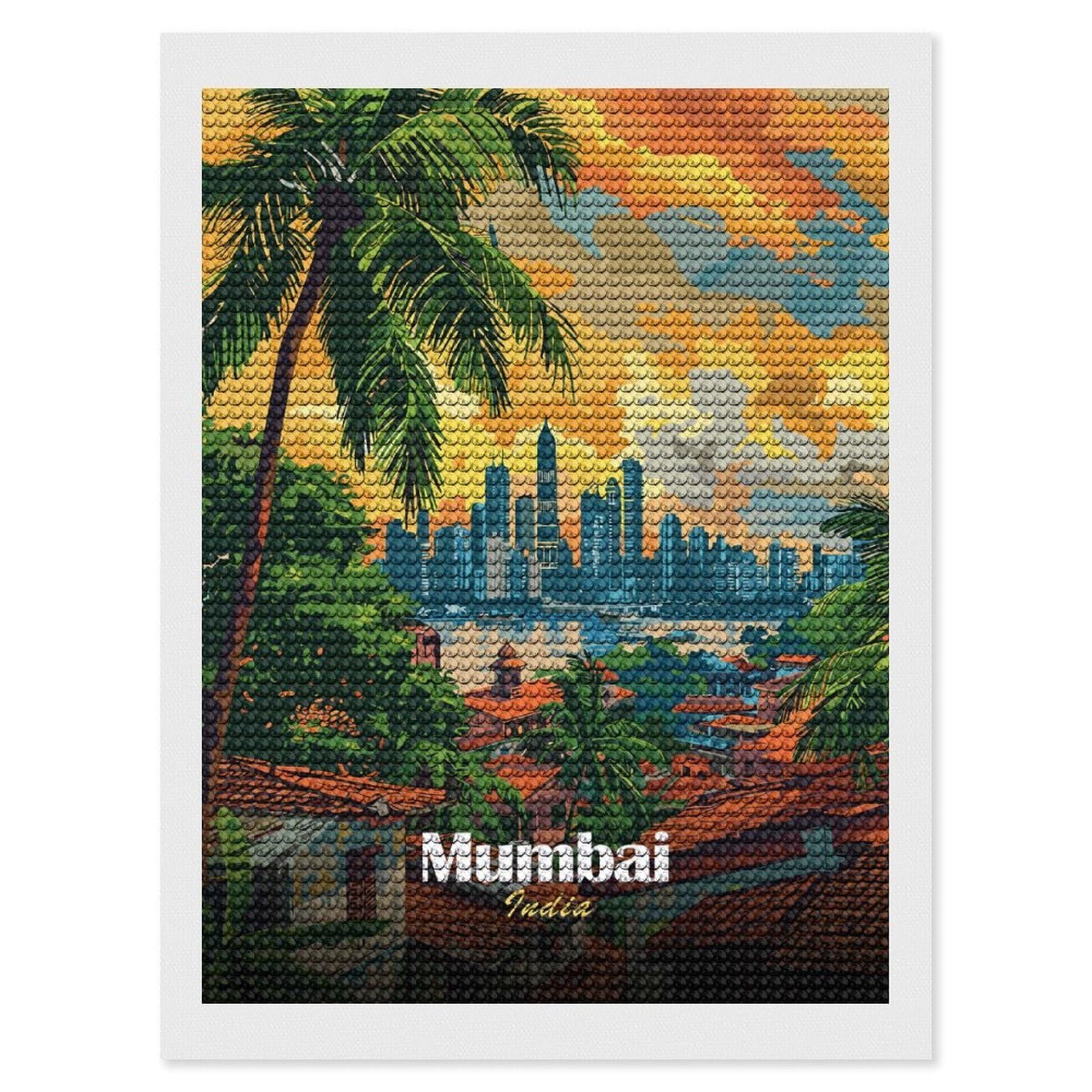 Junmoney Mumbai India Skyline Art Diamond Art Canvas 12"x16", for Creative Relaxation, Simple to Start, Aesthetic Room Decor, Holiday Gift Idea