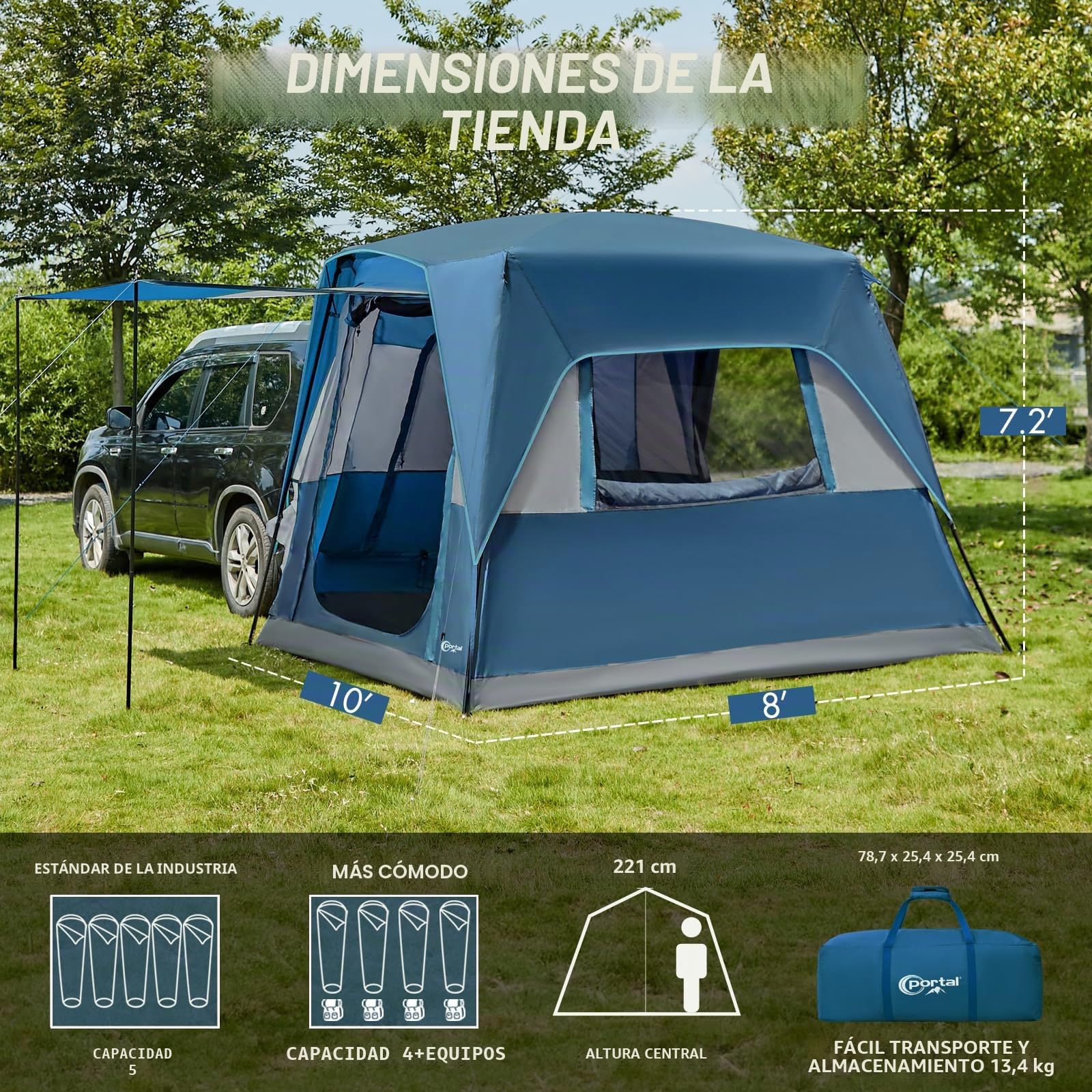 Portal SUV Tienda de Campaña para 5 Personas con Porche, 2 en 1, Resistente al Agua y al Viento, 2 Puertas, para Viajes y Aventuras al Aire Libre