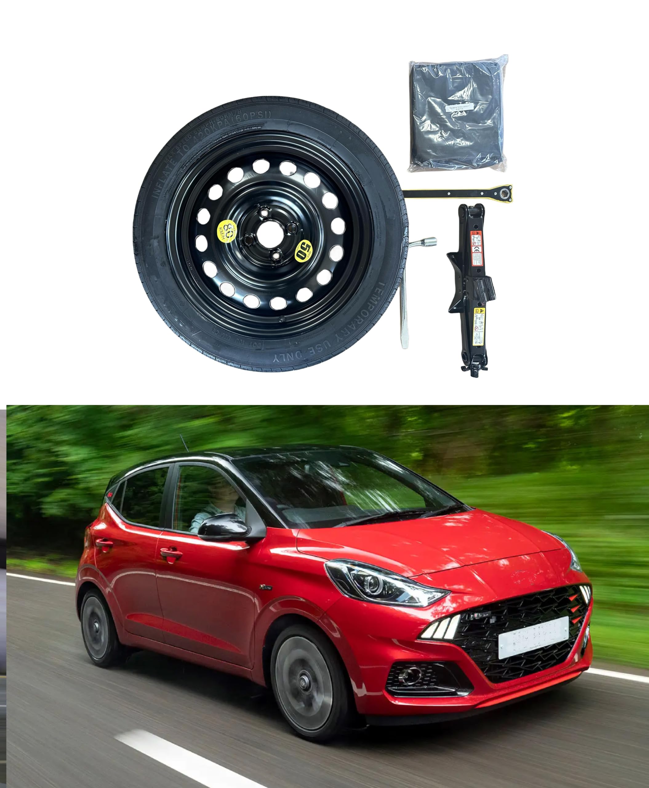 Kit Ruotino di Scorta 15" compatibile con Hyundai I10 con Cric, Chiave e Sacca 115/70R15