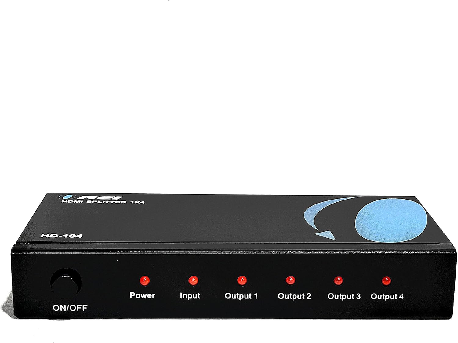 Front panel of OREI HD-104 HDMI Splitter showing power, input, and four output LED indicators