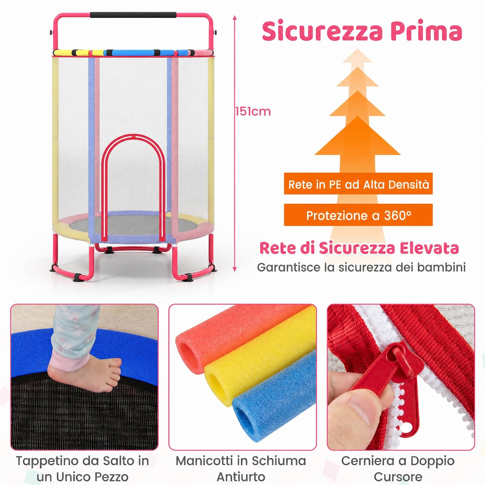 COSTWAY 6 in 1 Trampolino Bambini Interno ed Esterno | Tappetino Elastico con Altalena, Bersaglio, Barra e Anelli da Ginnastica, Canestro da Basket e Rete di Sicurezza, 3+ Anni