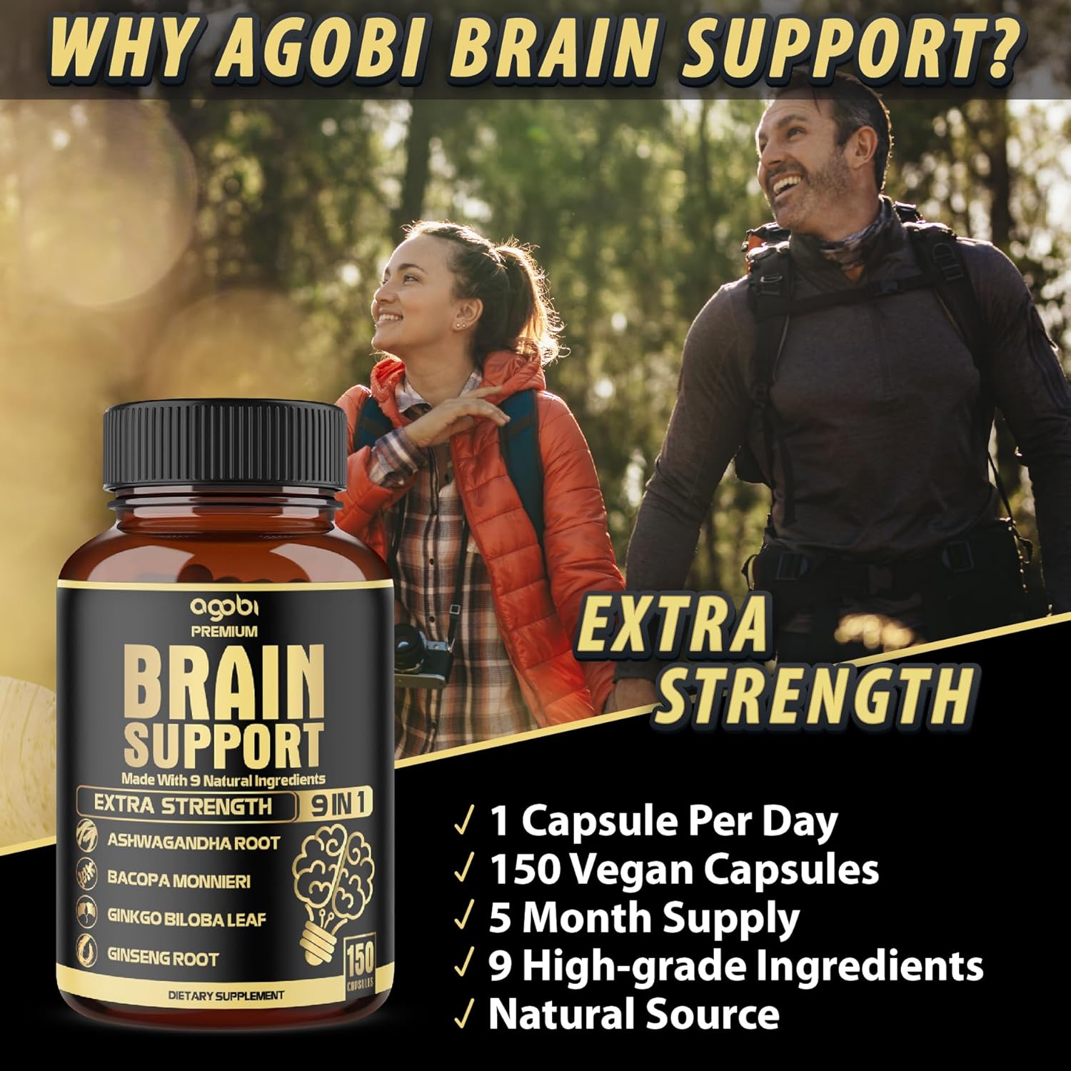 agobi 9in1 Brain Support Supplement - Blended with Ashwagandha, Panax Ginseng, Gotu Kola, Ginkgo Biloba, Black Pepper & More - Accuracy, Focus, Memory & Energy Booster - 150 Capsules for 5 Months - Image 5