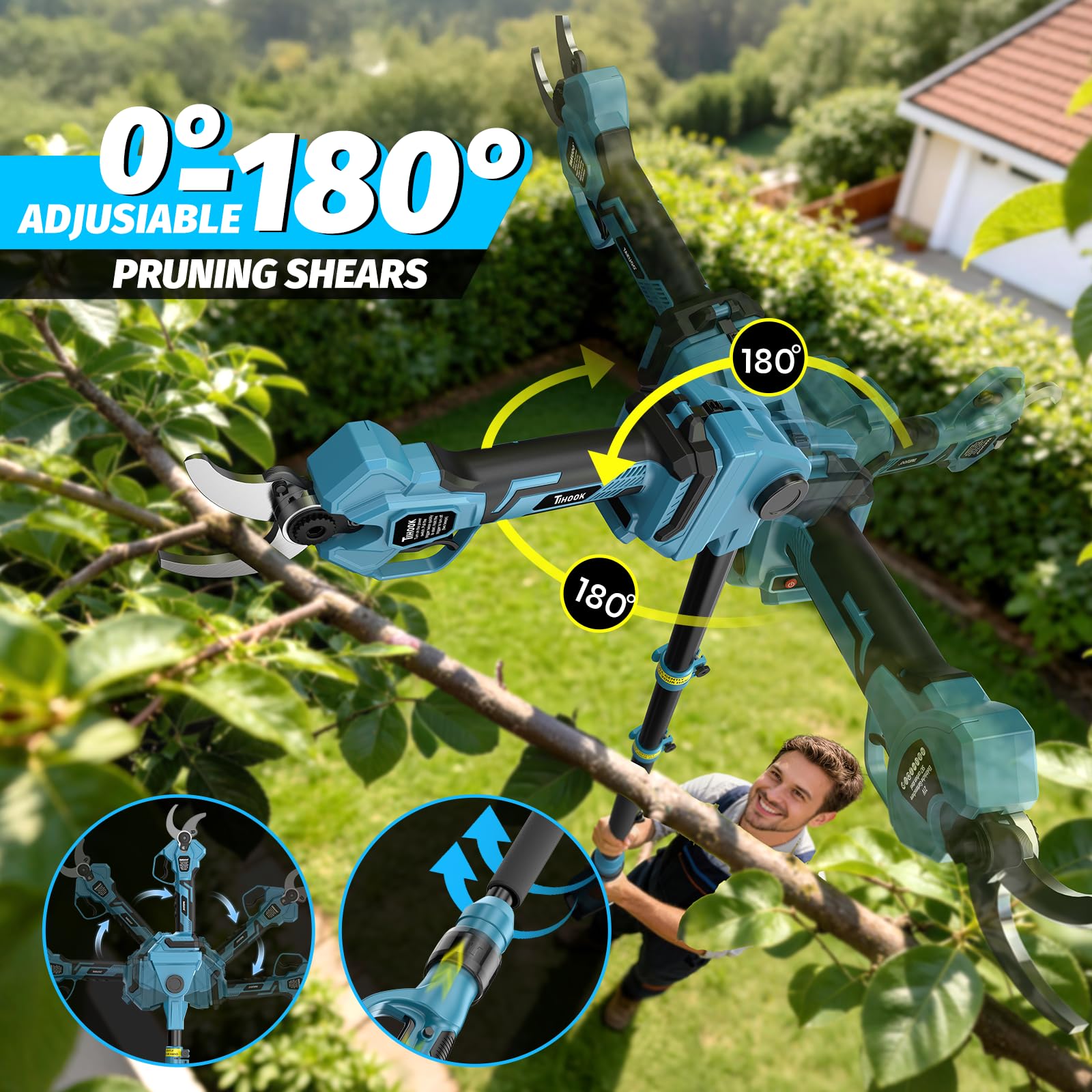 Akku Astschere Teleskop, Max Öffnung 55mm, 2-IN-1 Elektrisch Gartenschere mit 8.2 ft Teleskopstiel & 2 x 4000mAh Akkus, Bürstenloser Astschere mit LCD, Akku Schere für Baum Strauch Hecken