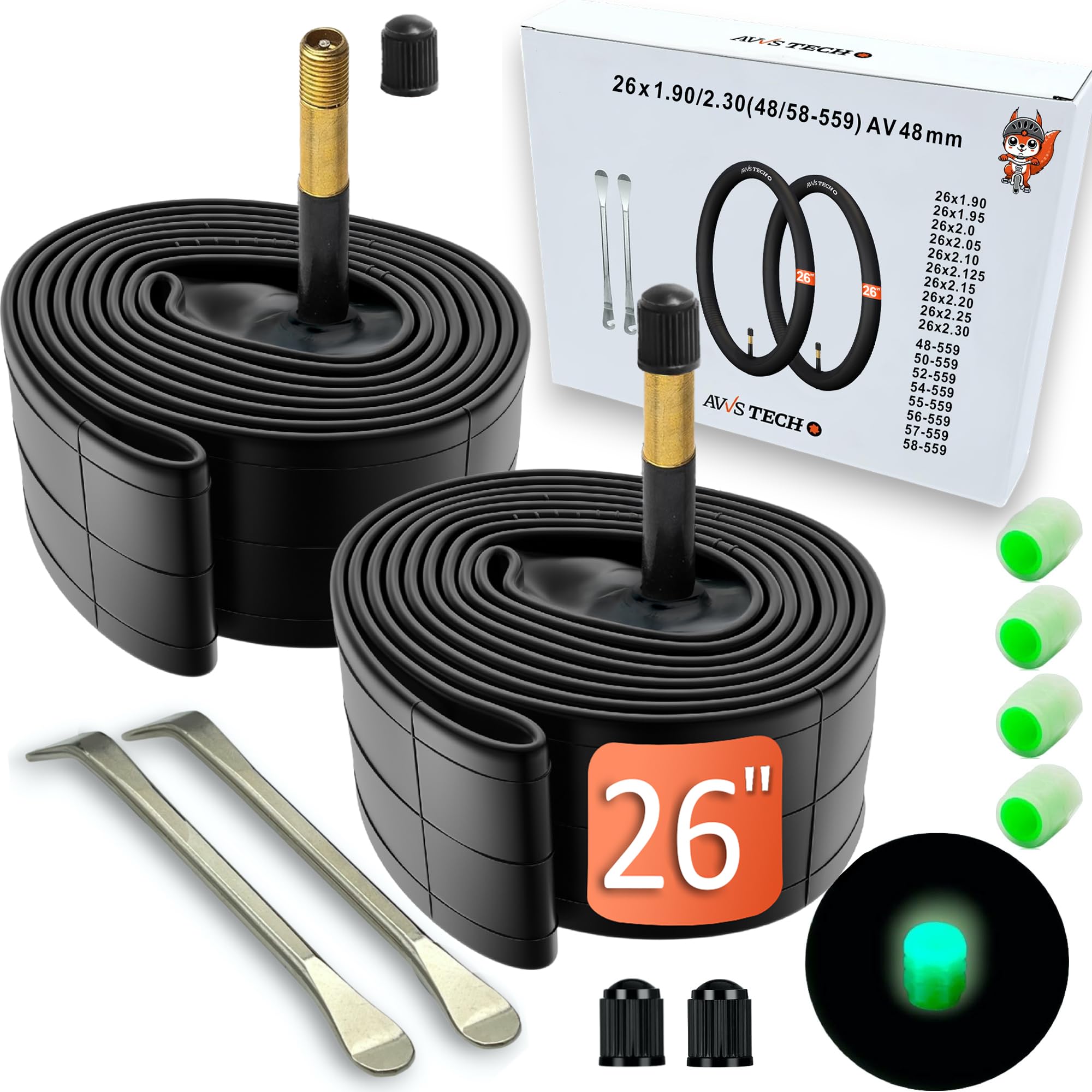 Juego de cámaras de aire para bicicleta de 26 pulgadas, para válvulas AV SV DV, 26 x 1,90 hasta 26 x 2,30 cm, bicicleta de montaña, trekking City, incluye palanca de montaje y tapas luminosas — view 8