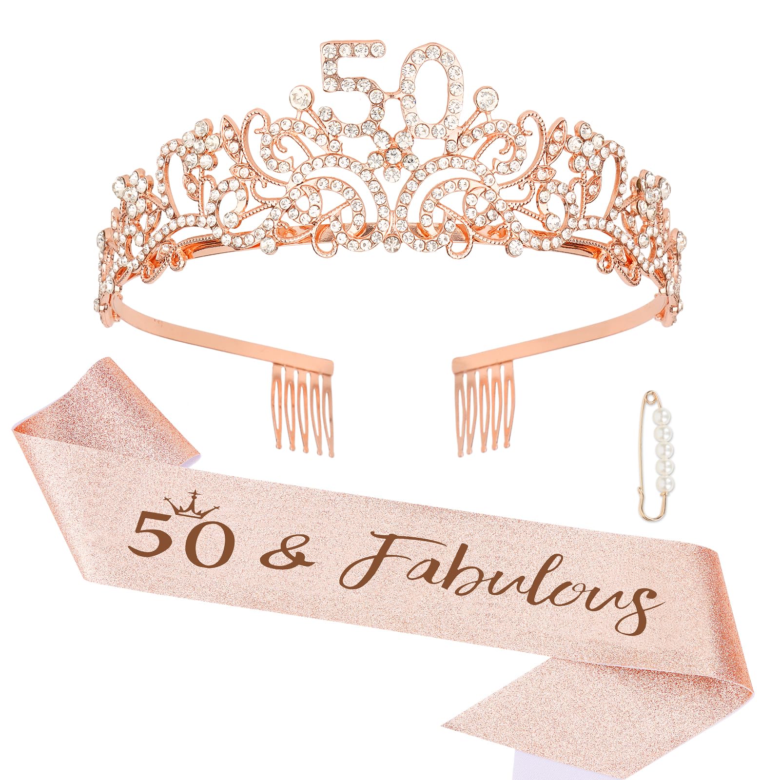 Semato Rose Gold 50th Birthday Tiara & Sash Set for Women - Rhinestone Crown & Glitter Sash - Party Supplies & Favors