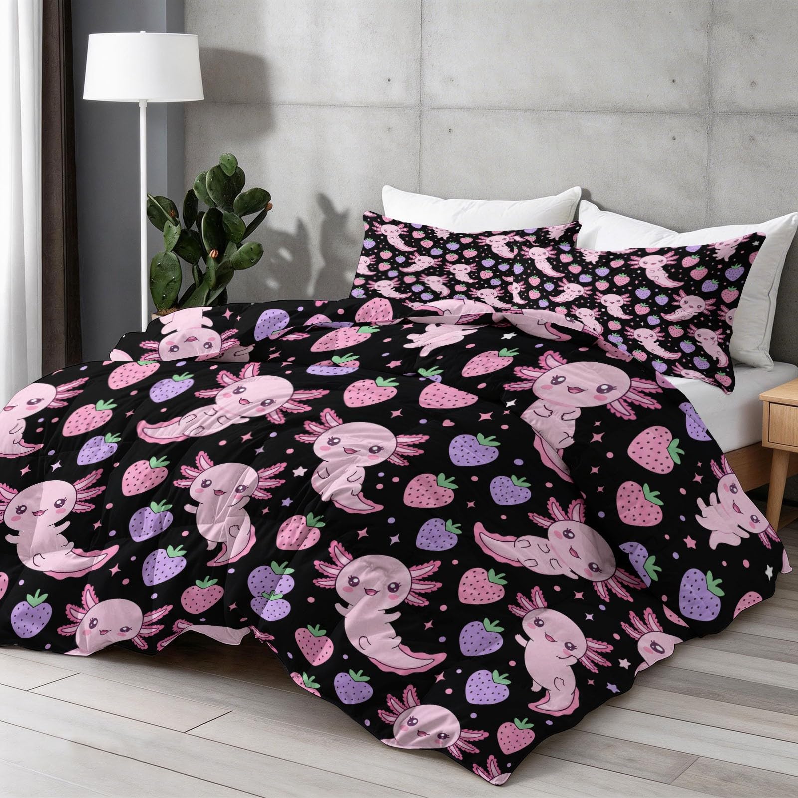 Träumerisch Girly Kołdra na 4 pory roku, 155 x 220 cm, miękka i nadająca się do prania, oddychająca kołdra bez poszewki, słodka, meksykańska aksolotl, dwustronna, różowo-fioletowa, letnia kołdra