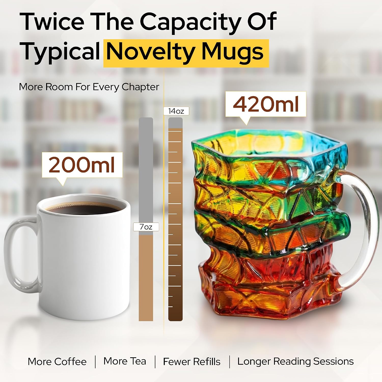 3D Stained Glass Book Mug 14oz (420ml) – Thick Glass Coffee Mug with Stacked Books Design, Book Lover Gifts for Women, Men, Readers, Writers, Teachers & Librarians, Tea Cup for Coffee & Tea