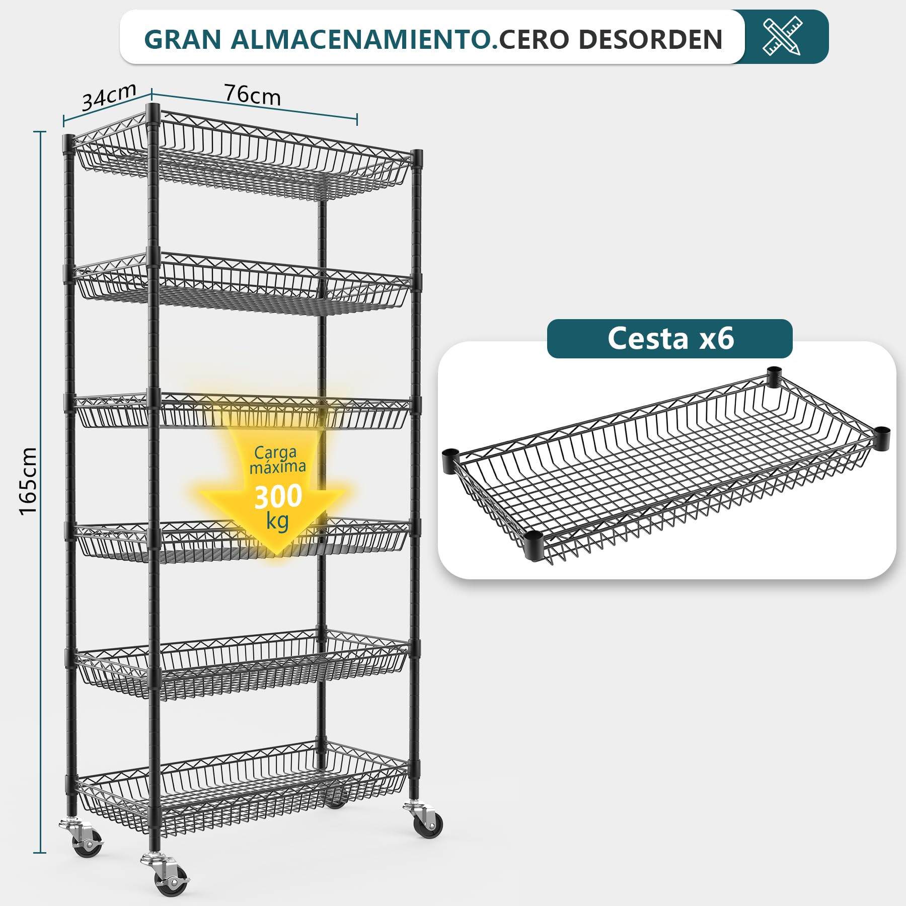 Himimi Estantería Metálica de 6 Niveles con Ruedas, Estante Ajustable en Altura Independiente, Organizador de Cestas de Alambre Metálico para Cocina, Baño, Dormitorio, Salón, 76×34×165 cm Negro