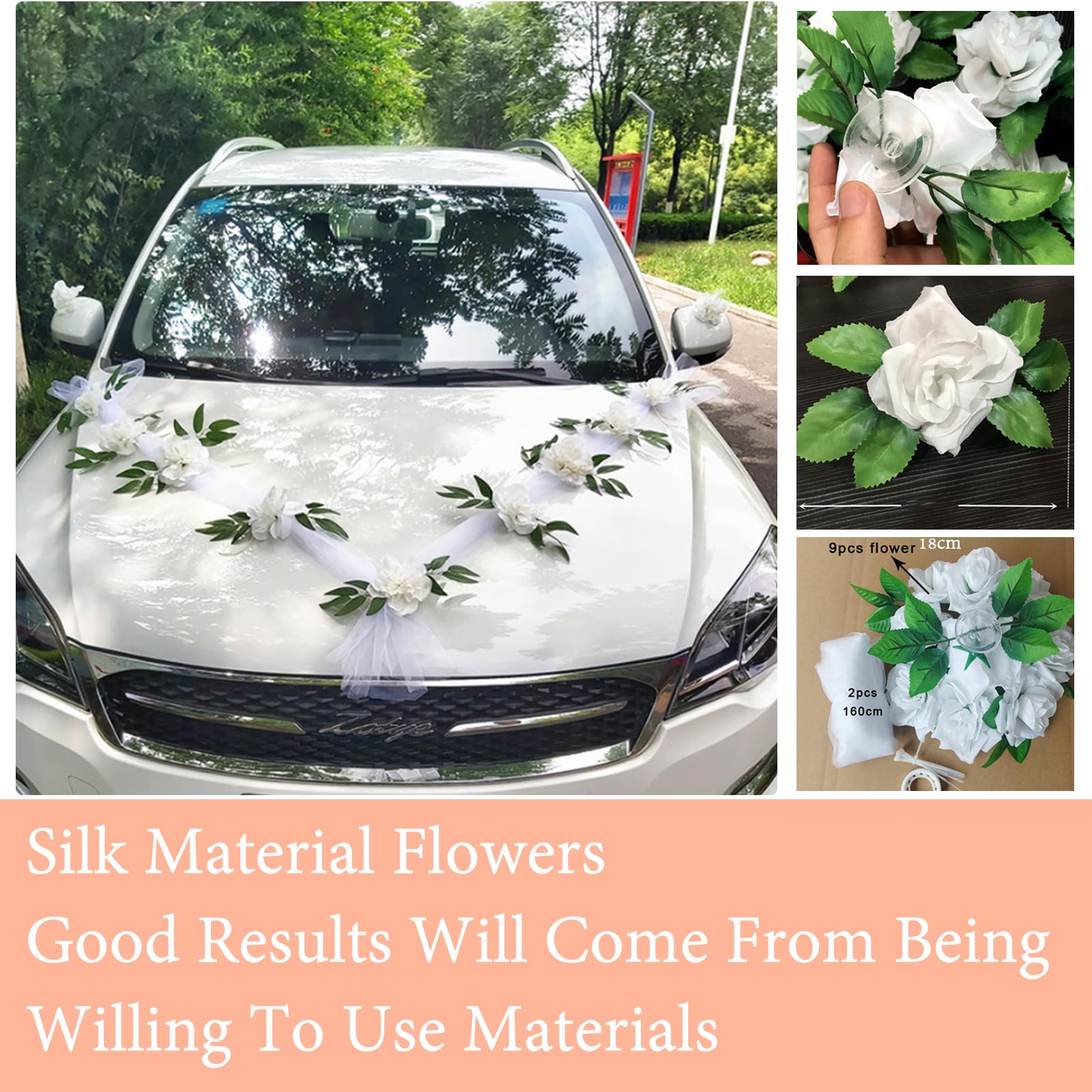 Kit di decorazioni per auto da matrimonio fatto a mano / Fiori rosa e bianchi, nastro di organza - Italia