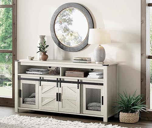 Miniatura 3 de WAMPAT Soporte de TV de granja para TV de 65 pulgadas, centro de entretenimiento de madera blanca antigua con puertas corredizas de granero y